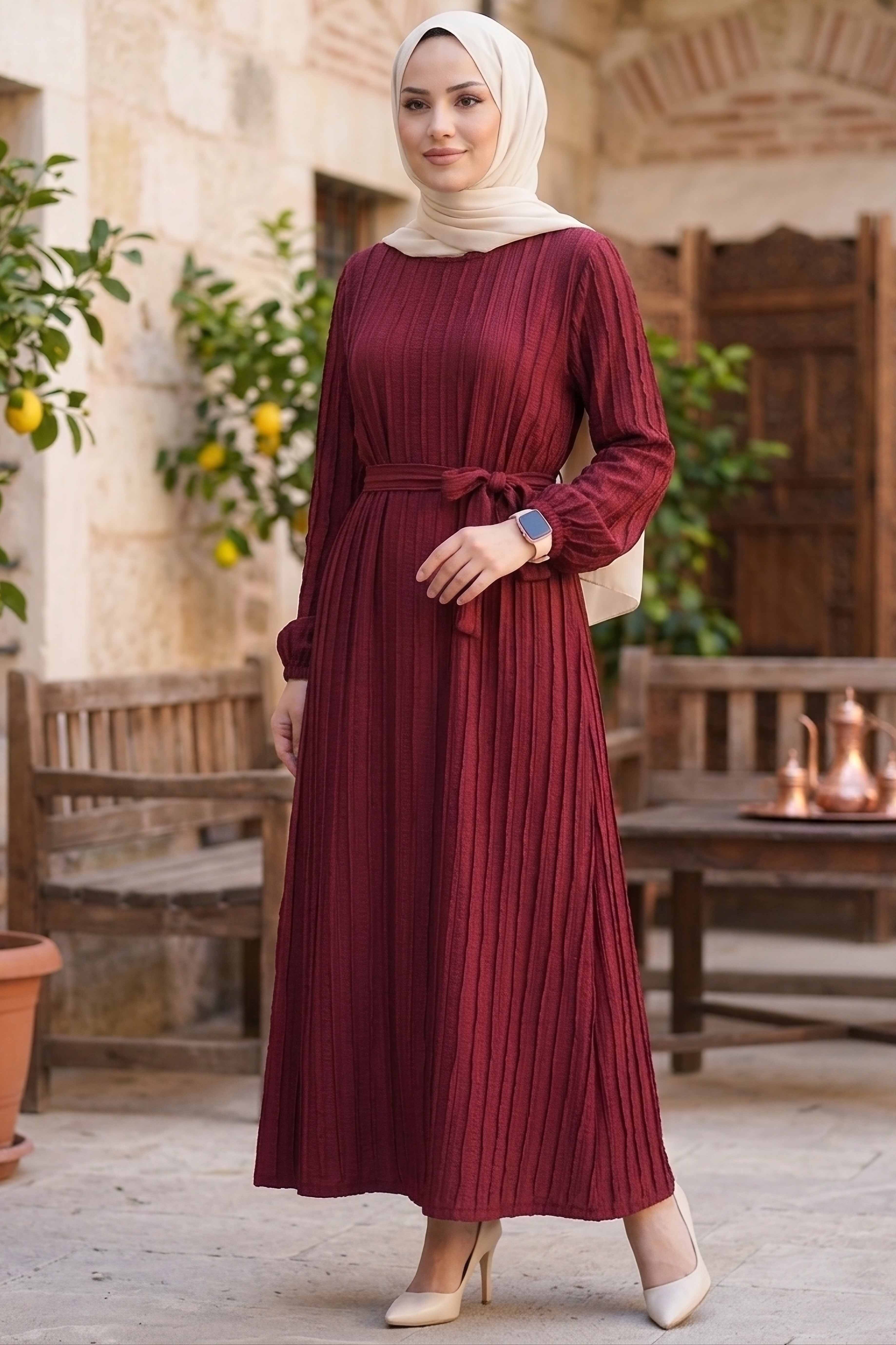 Kuşaklı Bileği Lastilk Detaylı Elbise - 2090-BORDO - 1