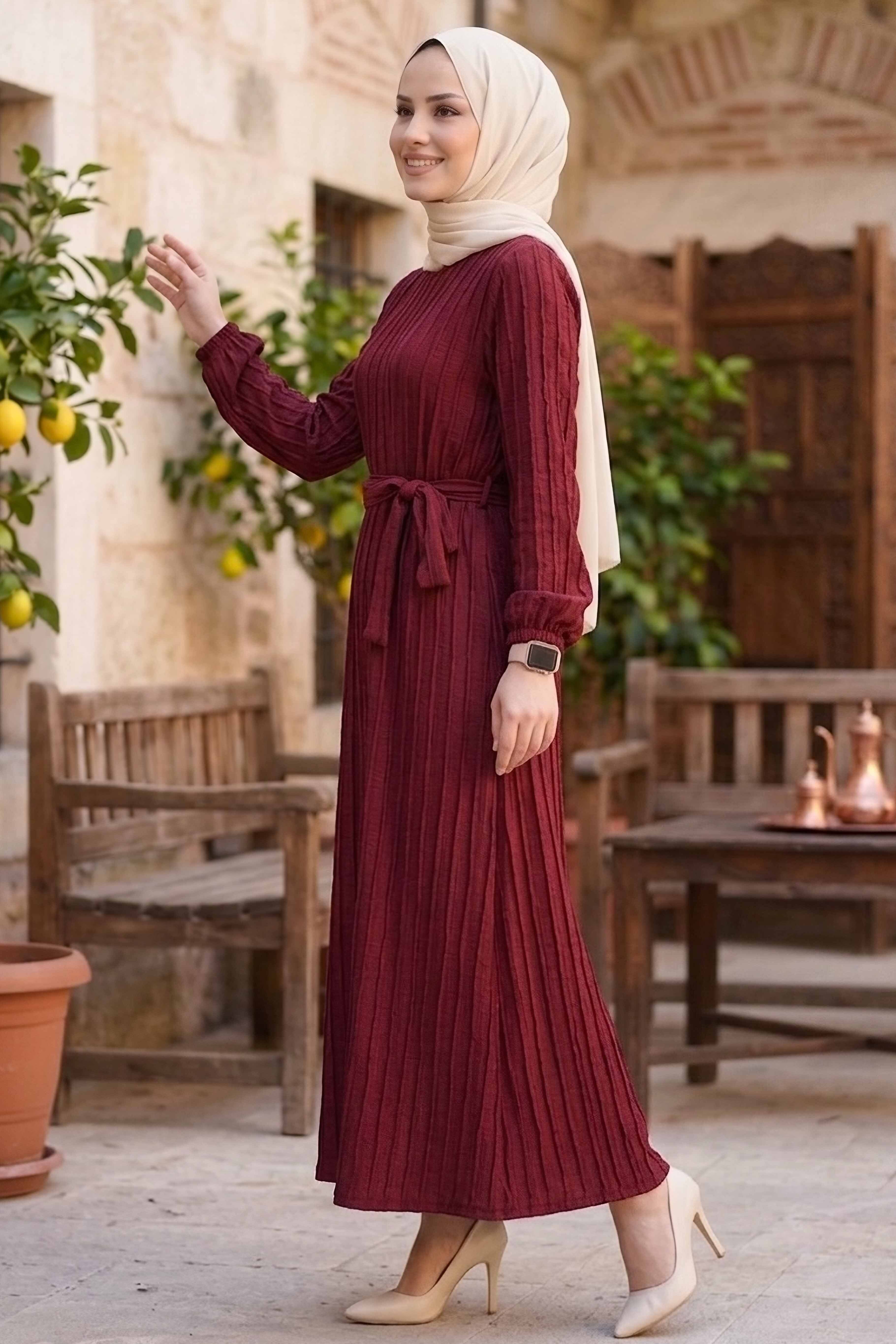 Kuşaklı Bileği Lastilk Detaylı Elbise - 2090-BORDO - 2