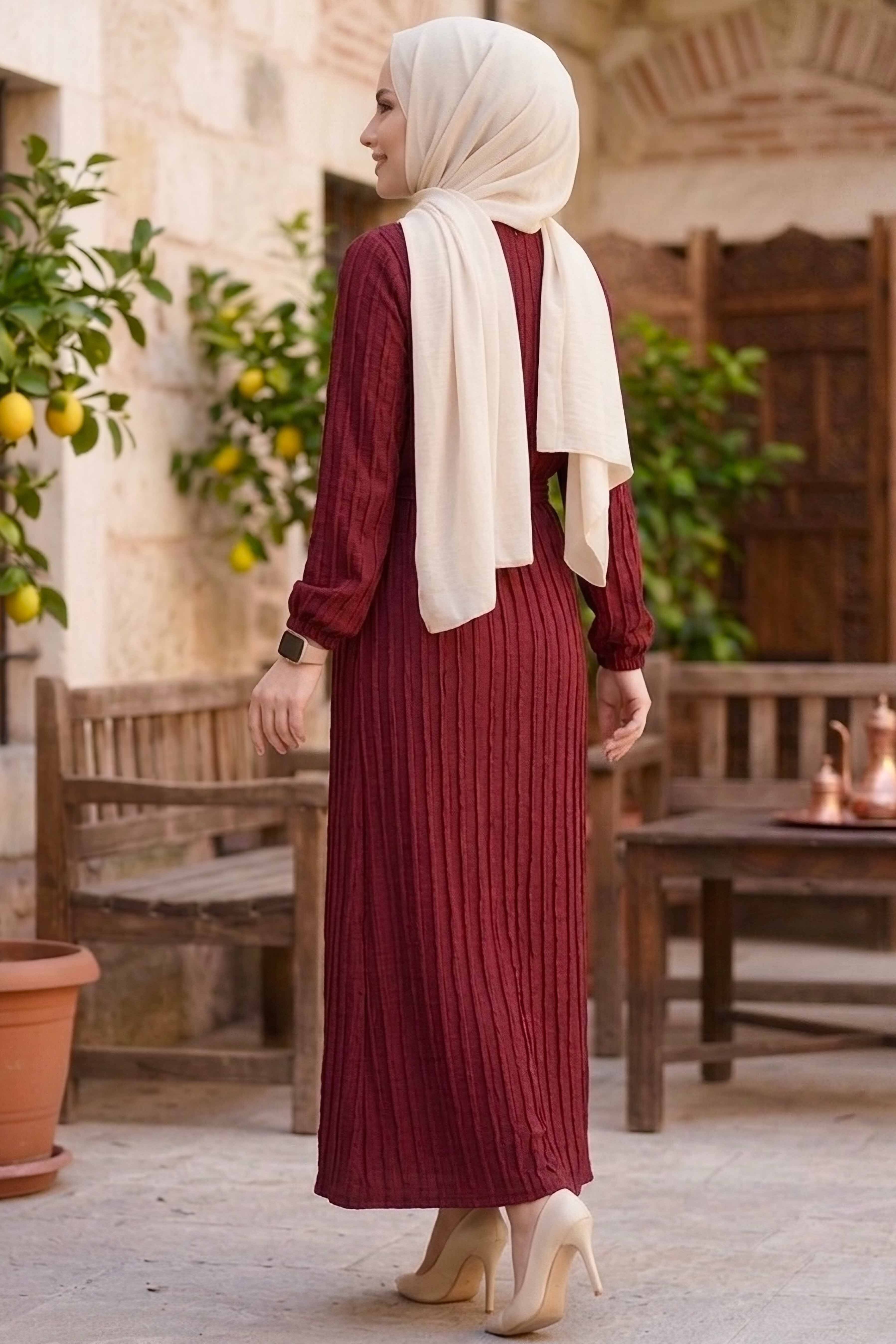 Kuşaklı Bileği Lastilk Detaylı Elbise - 2090-BORDO - 3