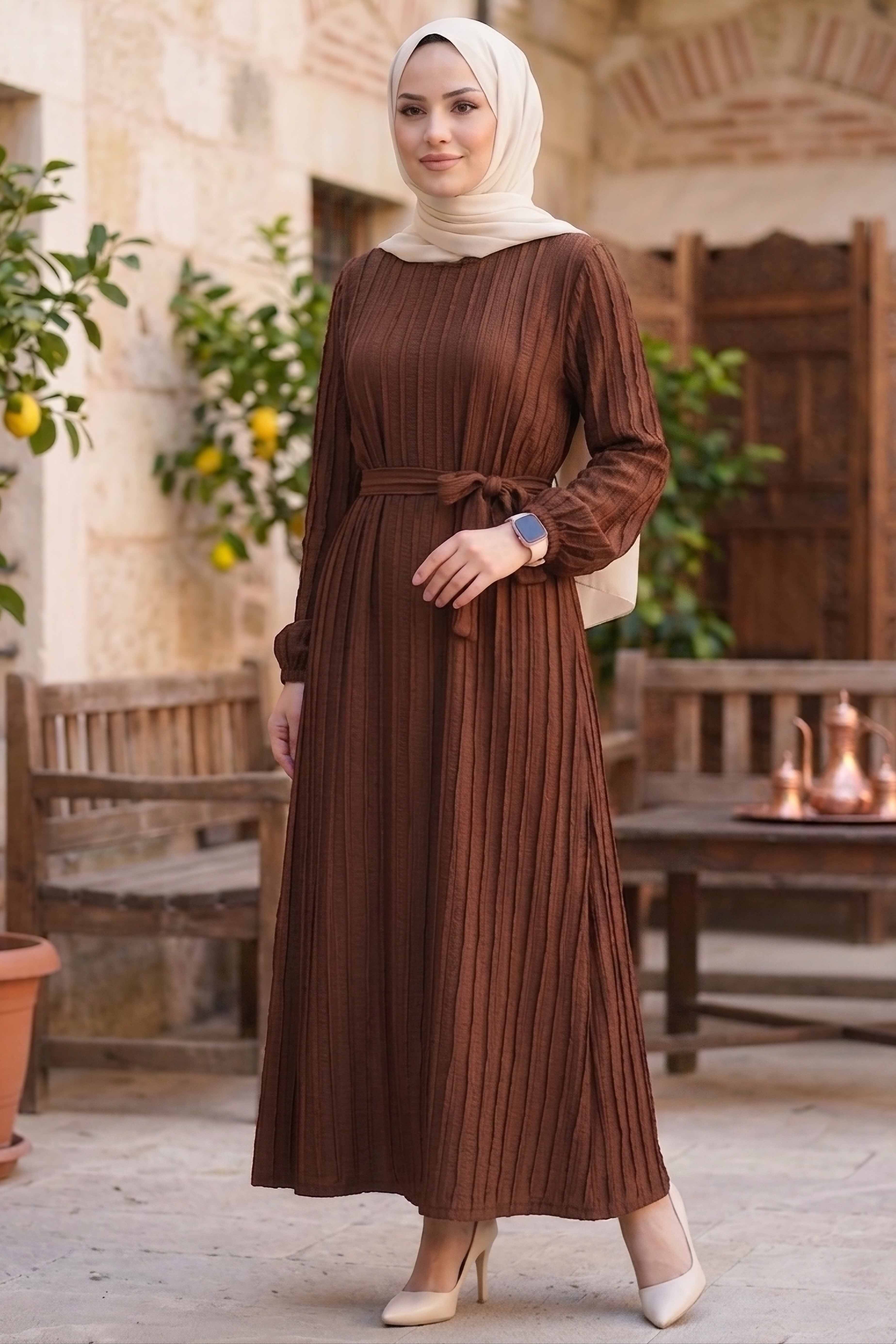 Kuşaklı Bileği Lastilk Detaylı Elbise - 2090-KAHVE - 1