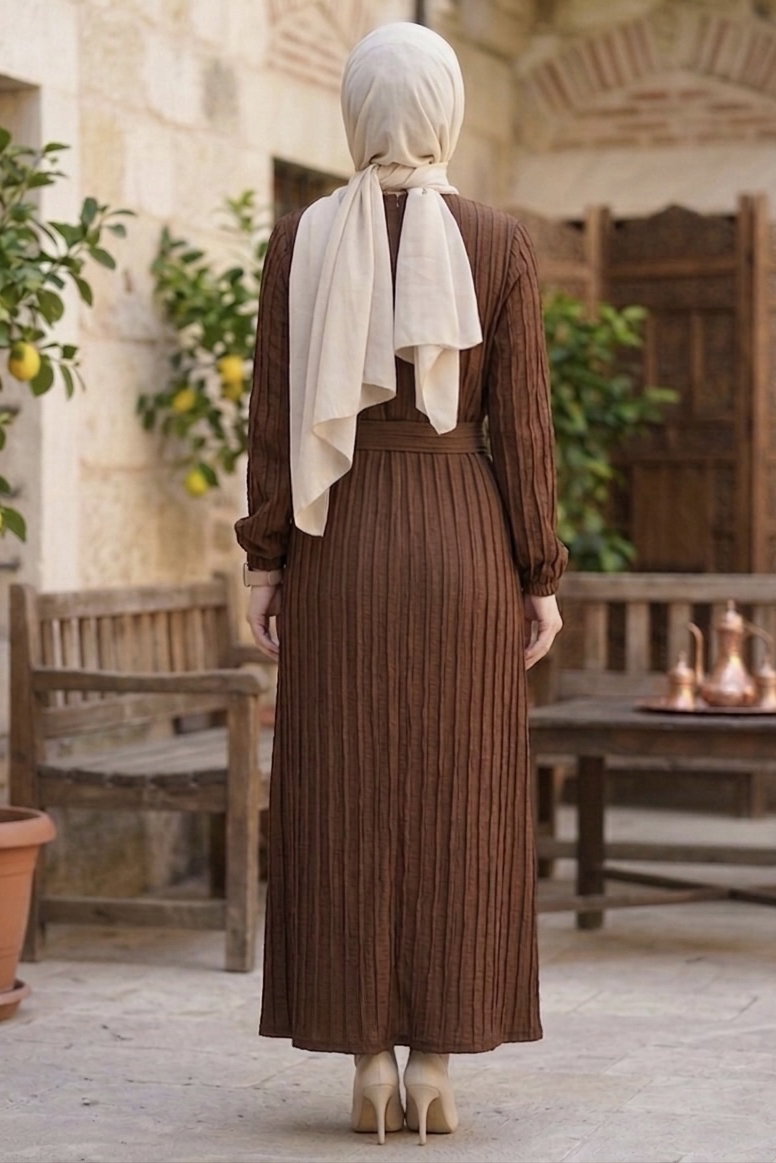 Kuşaklı Bileği Lastilk Detaylı Elbise - 2090-KAHVE - 3