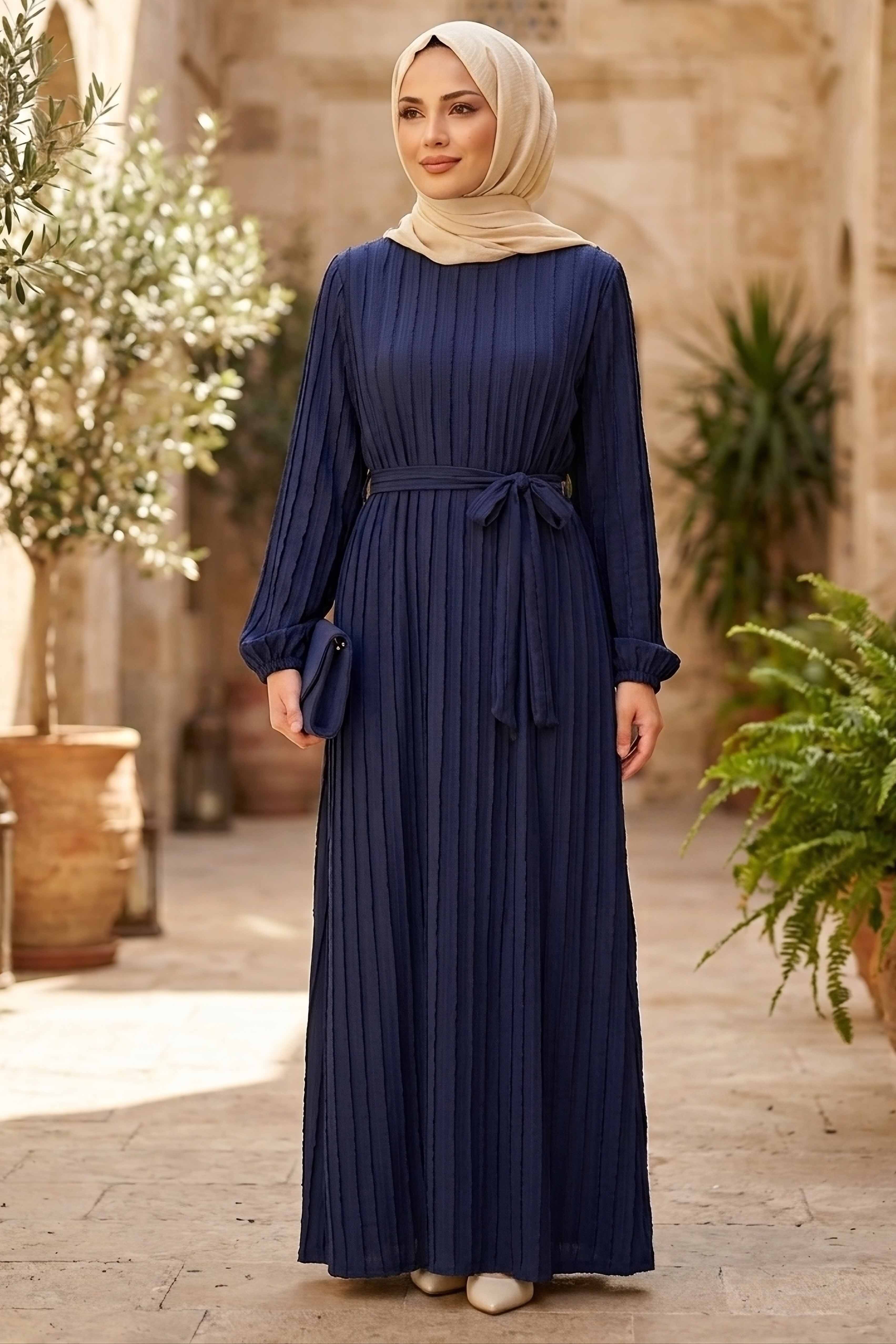 Kuşaklı Bileği Lastilk Detaylı Elbise - 2090-LACIVERT - 1