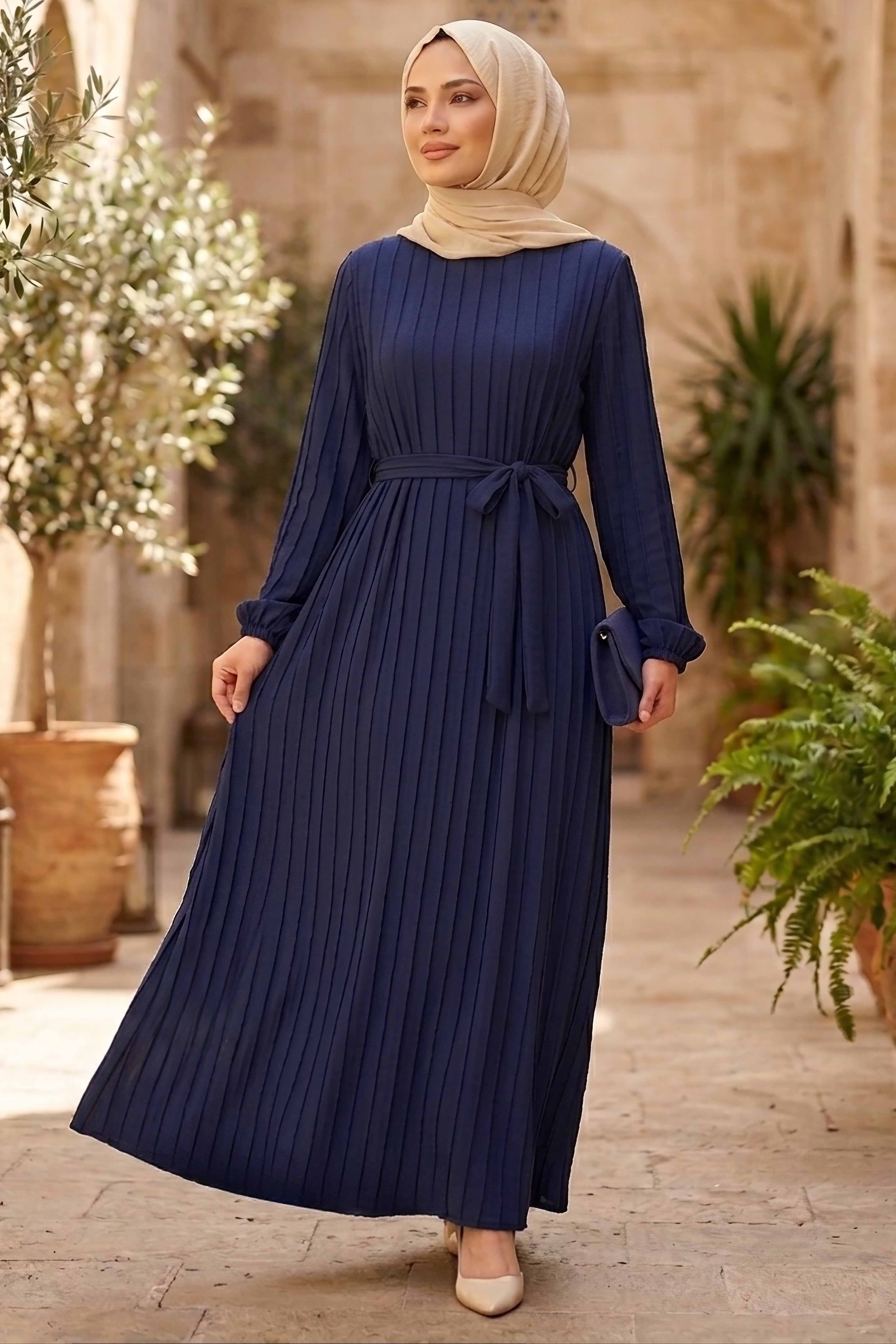 Kuşaklı Bileği Lastilk Detaylı Elbise - 2090-LACIVERT - 2