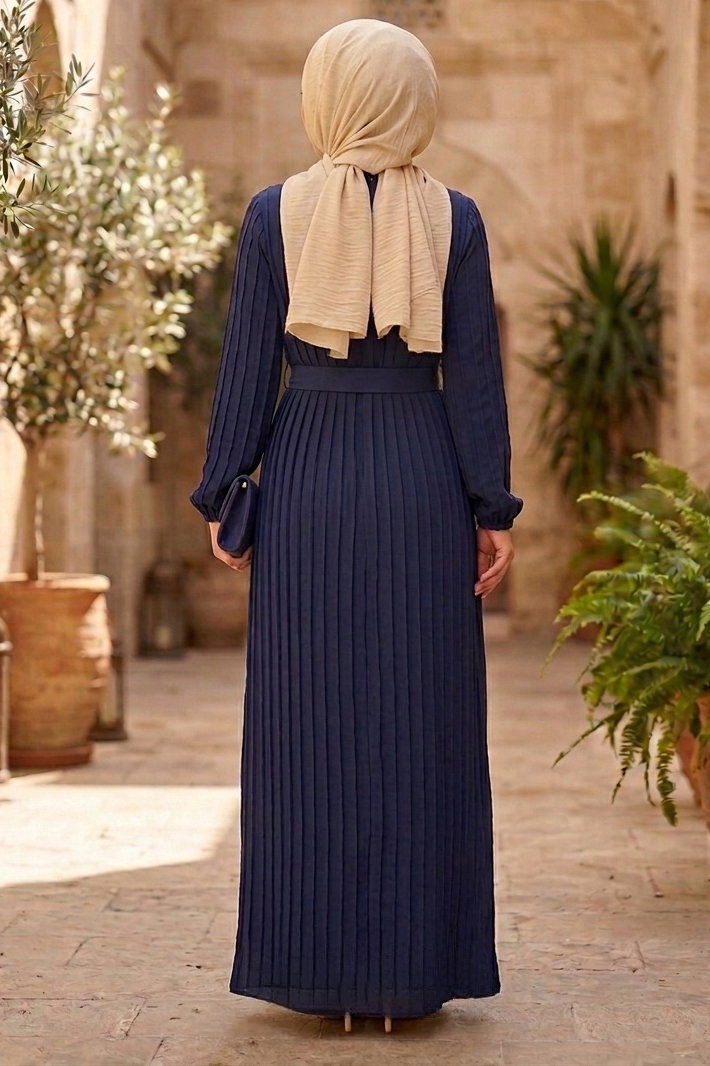 Kuşaklı Bileği Lastilk Detaylı Elbise - 2090-LACIVERT - 3