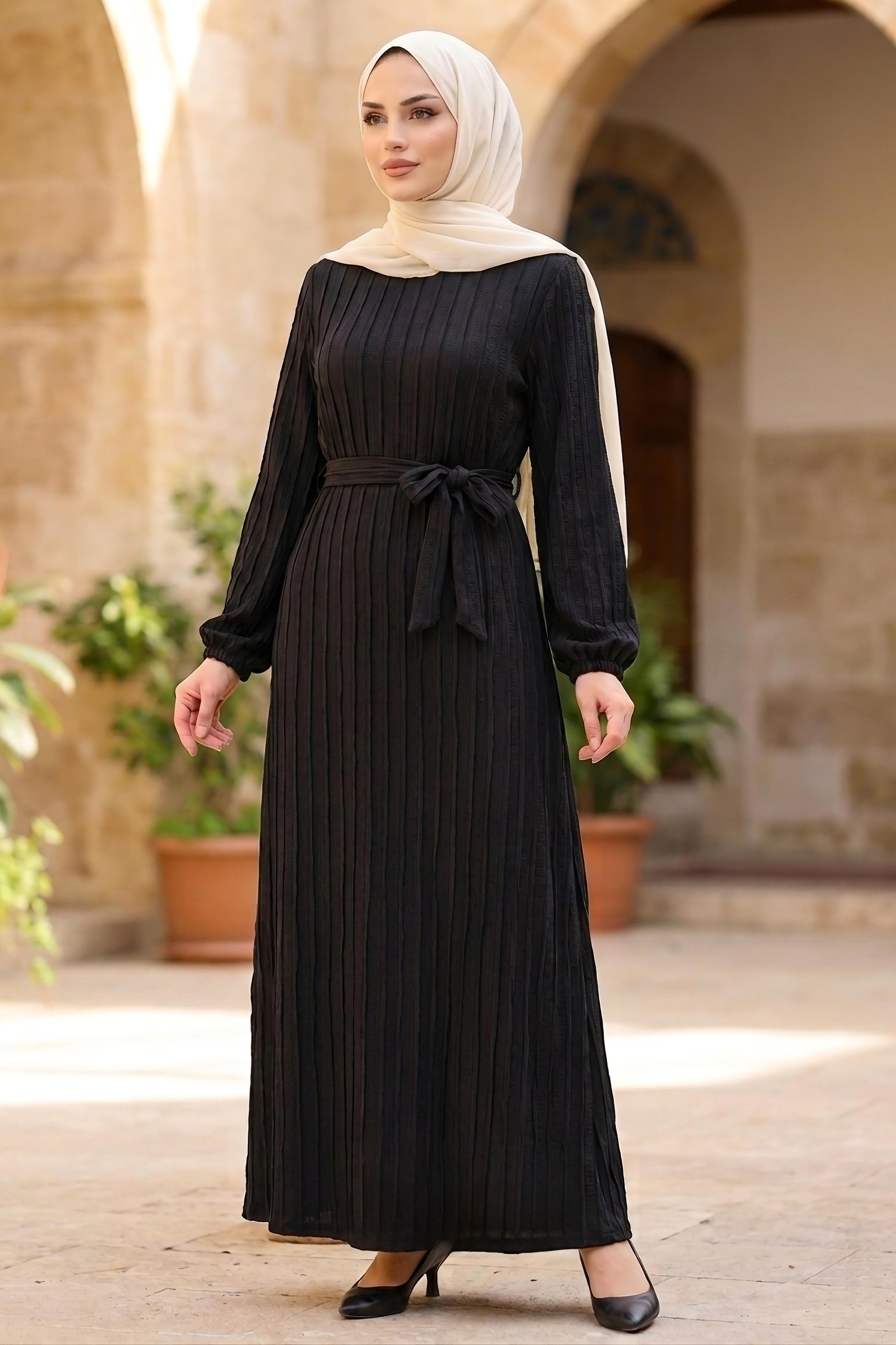 Kuşaklı Bileği Lastilk Detaylı Elbise - 2090-SIYAH - 2