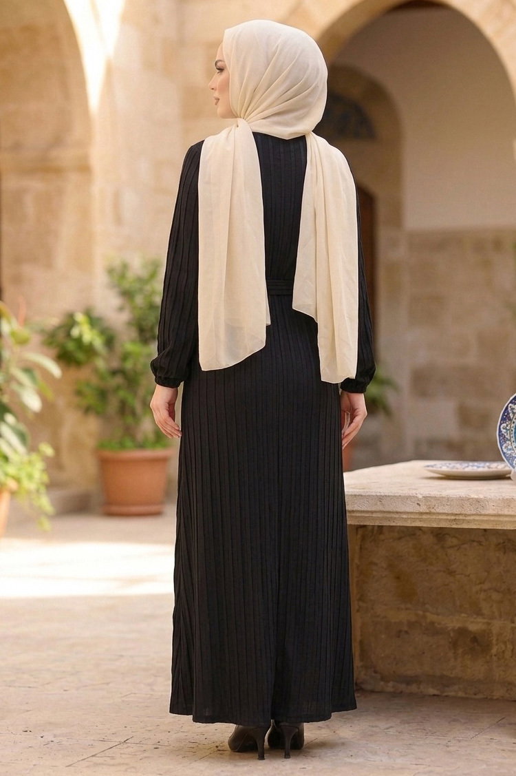 Kuşaklı Bileği Lastilk Detaylı Elbise - 2090-SIYAH - 3