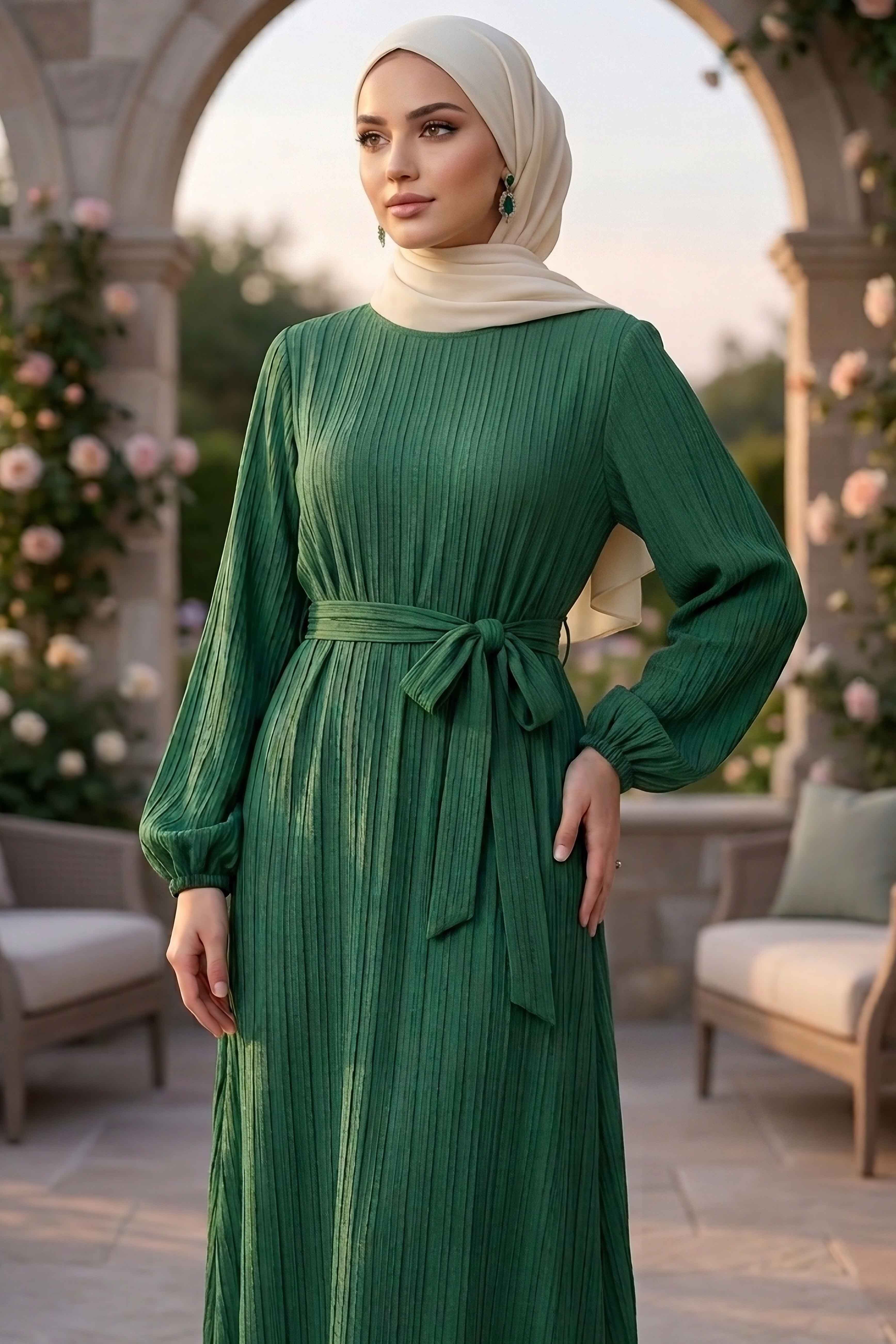 Kuşaklı Bileği Lastilk Detaylı Elbise - 2090-ZUMRUT - 1