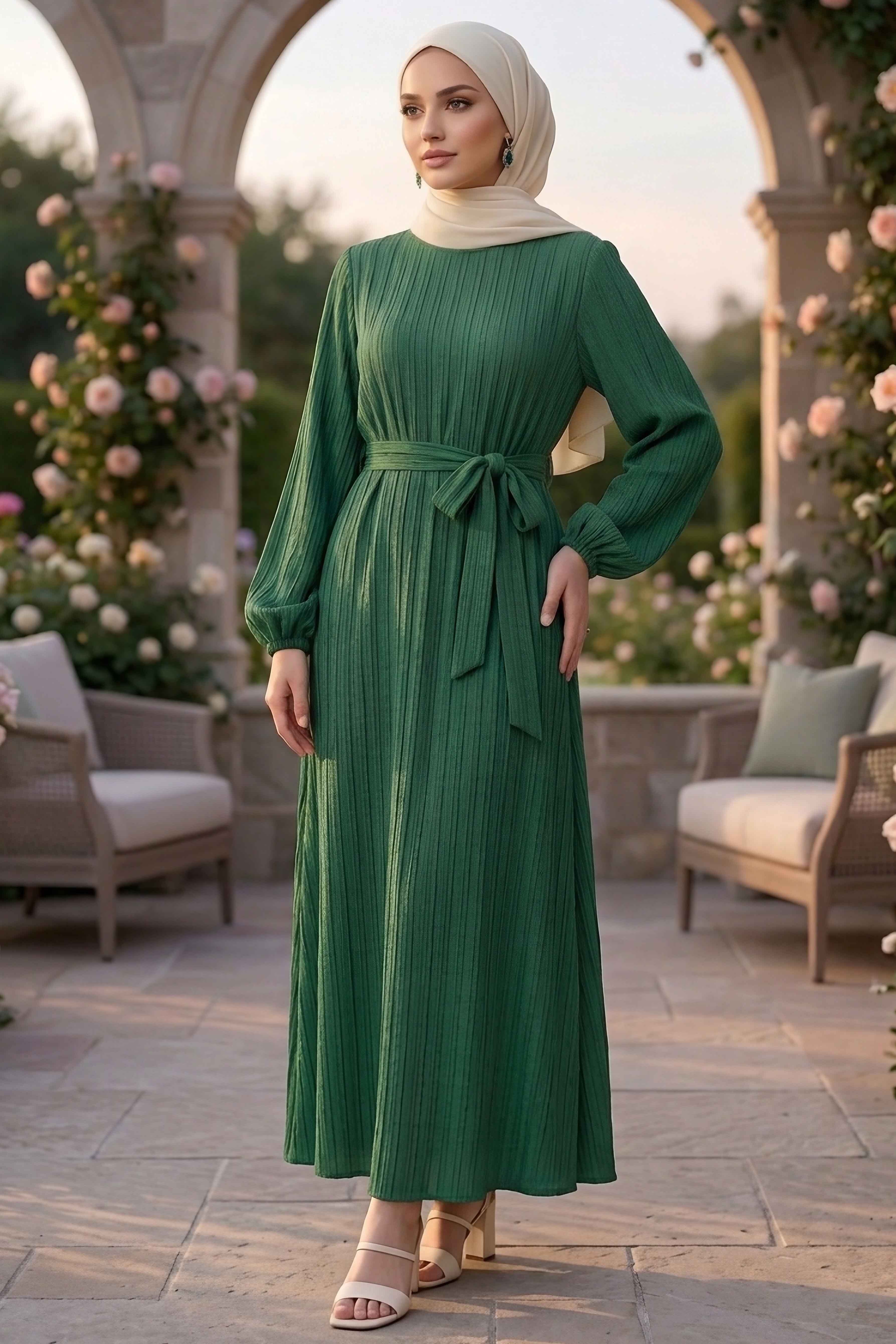 Kuşaklı Bileği Lastilk Detaylı Elbise - 2090-ZUMRUT - 2