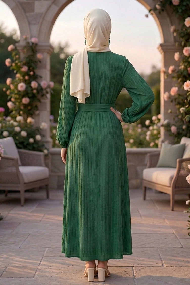 Kuşaklı Bileği Lastilk Detaylı Elbise - 2090-ZUMRUT - 3