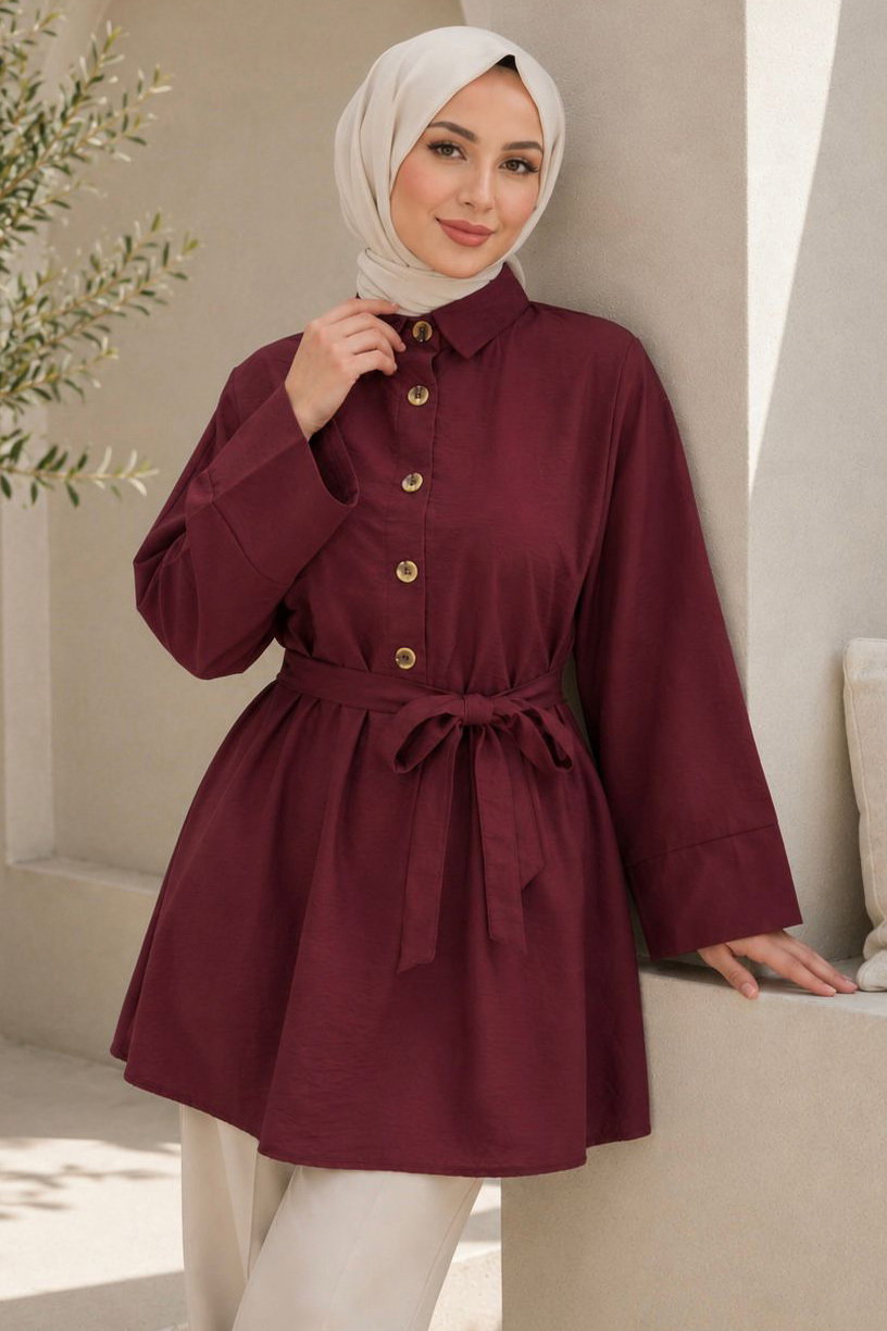 Kuşaklı Bileği Lastilk Detaylı Tunik Bordo - 2123-BORDO - 1