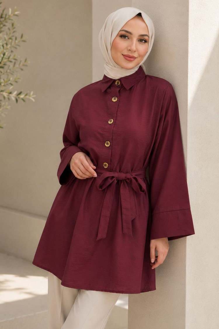 Kuşaklı Bileği Lastilk Detaylı Tunik Bordo - 2123-BORDO - 2
