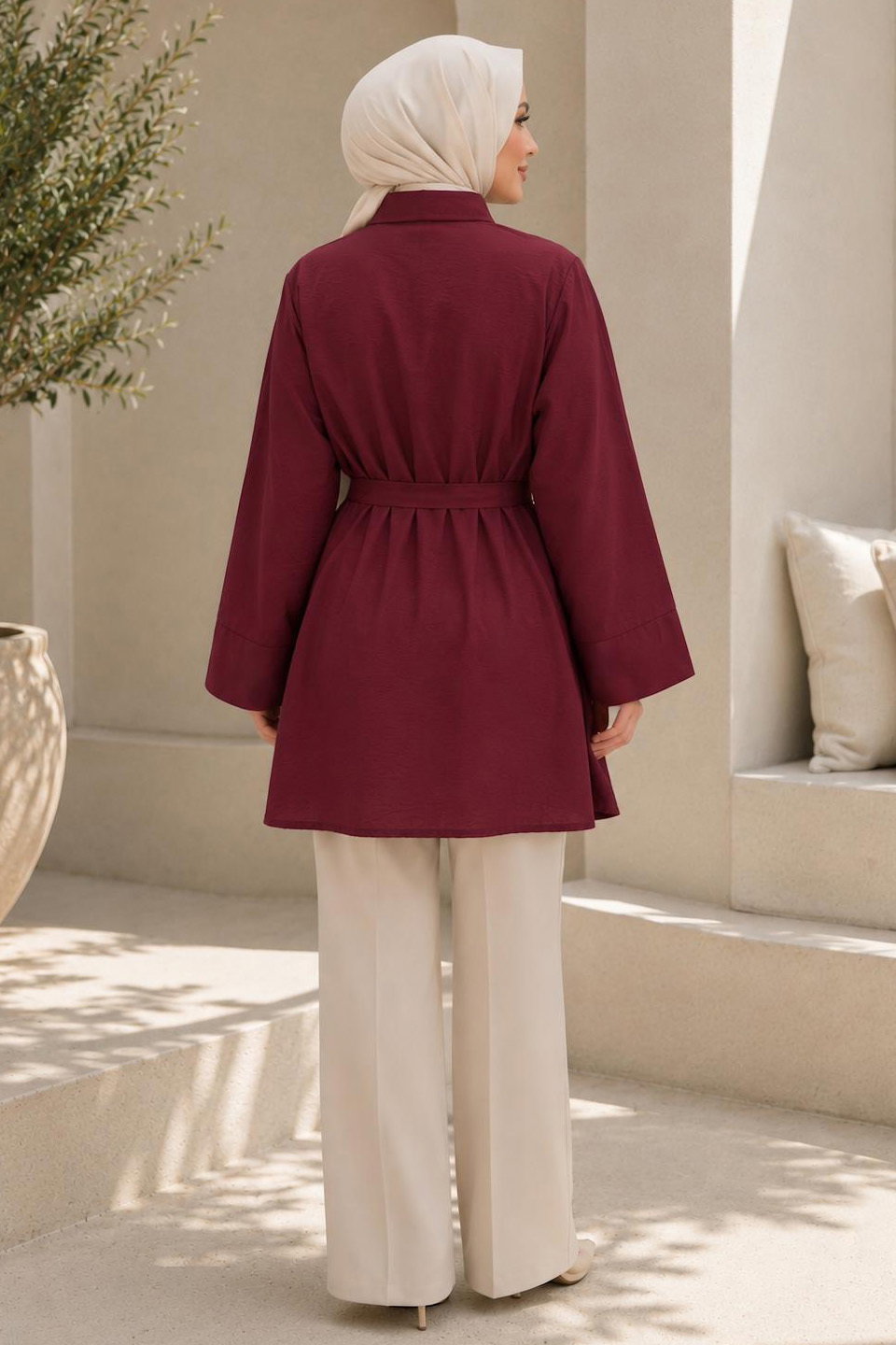 Kuşaklı Bileği Lastilk Detaylı Tunik Bordo - 2123-BORDO - 3