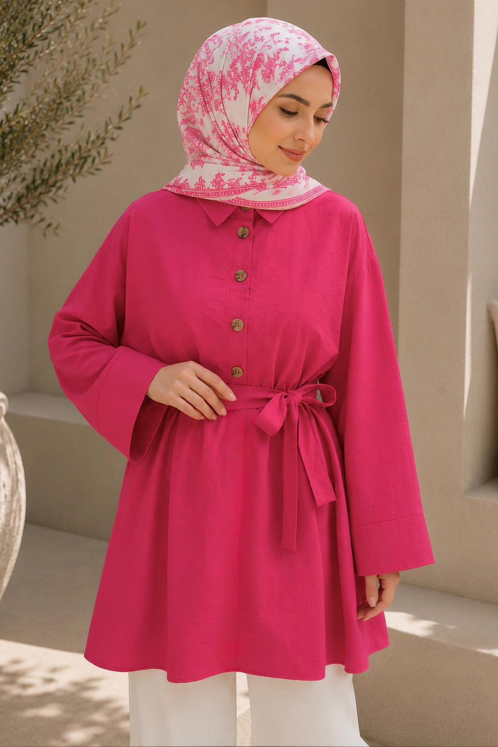 Kuşaklı Bileği Lastilk Detaylı Tunik Fuşya - 2123-FUSYA - 1