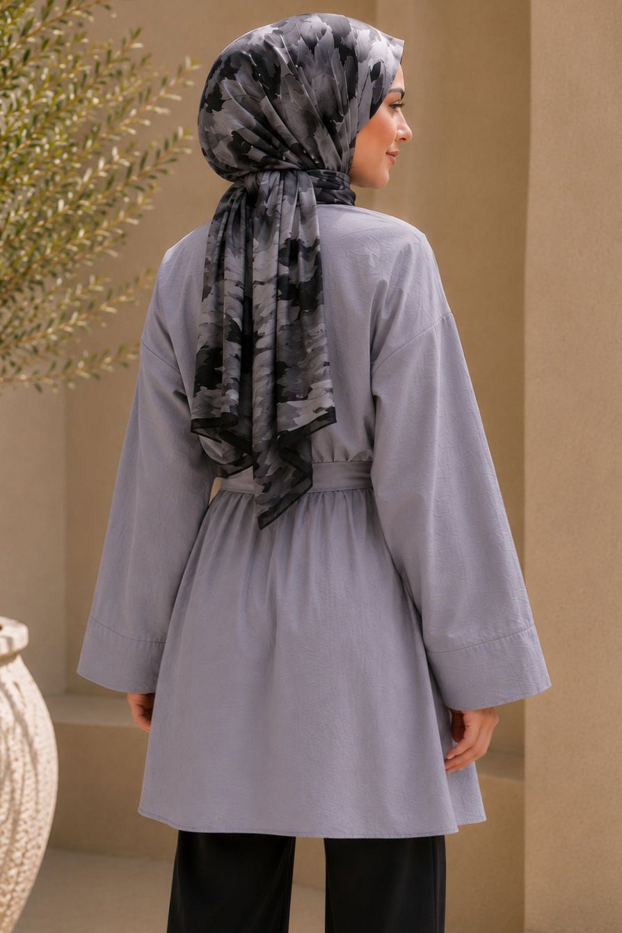 Kuşaklı Bileği Lastilk Detaylı Tunik Gri - 2123-GRI - 3