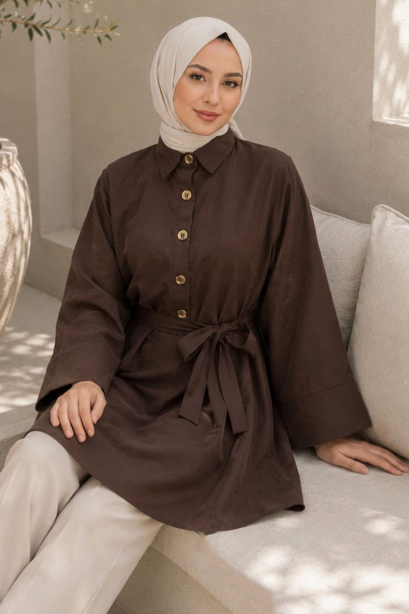 Kuşaklı Bileği Lastilk Detaylı Tunik Kahve - 2123-KAHVE - 1