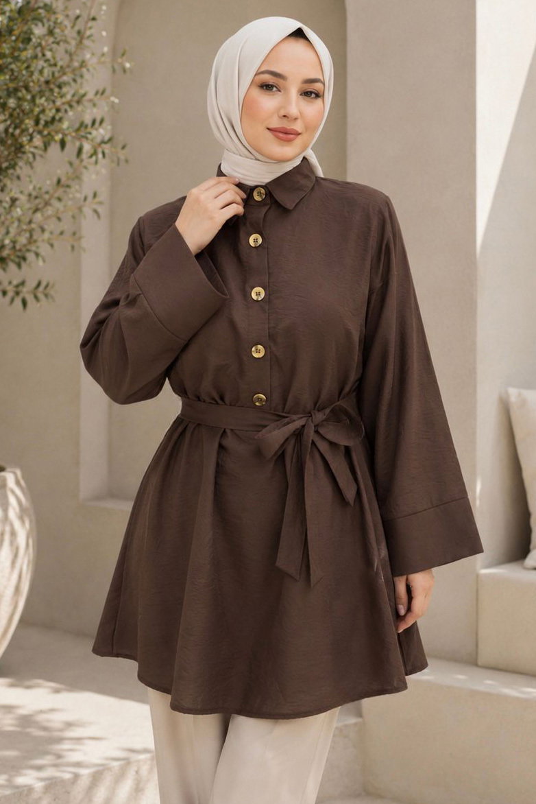 Kuşaklı Bileği Lastilk Detaylı Tunik Kahve - 2123-KAHVE - 2