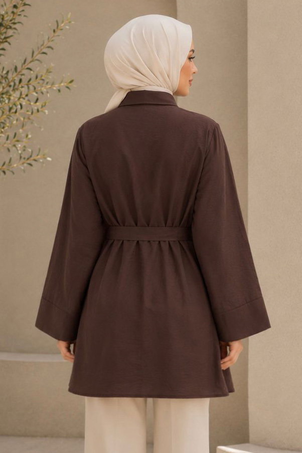 Kuşaklı Bileği Lastilk Detaylı Tunik Kahve - 2123-KAHVE - 3
