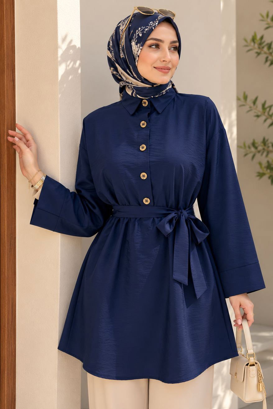 Kuşaklı Bileği Lastilk Detaylı Tunik Lacivert - 2123-LACIVERT - 1