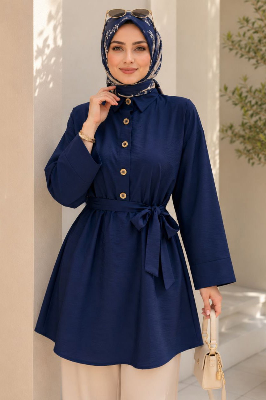 Kuşaklı Bileği Lastilk Detaylı Tunik Lacivert - 2123-LACIVERT - 2