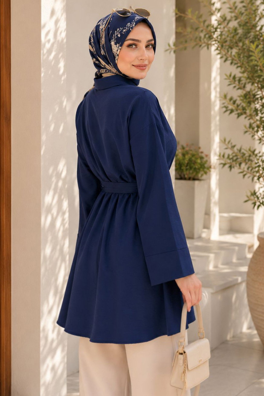 Kuşaklı Bileği Lastilk Detaylı Tunik Lacivert - 2123-LACIVERT - 3
