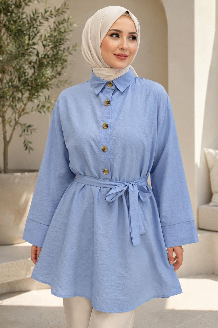 Kuşaklı Bileği Lastilk Detaylı Tunik Mavi - 2123-MAVI - 1
