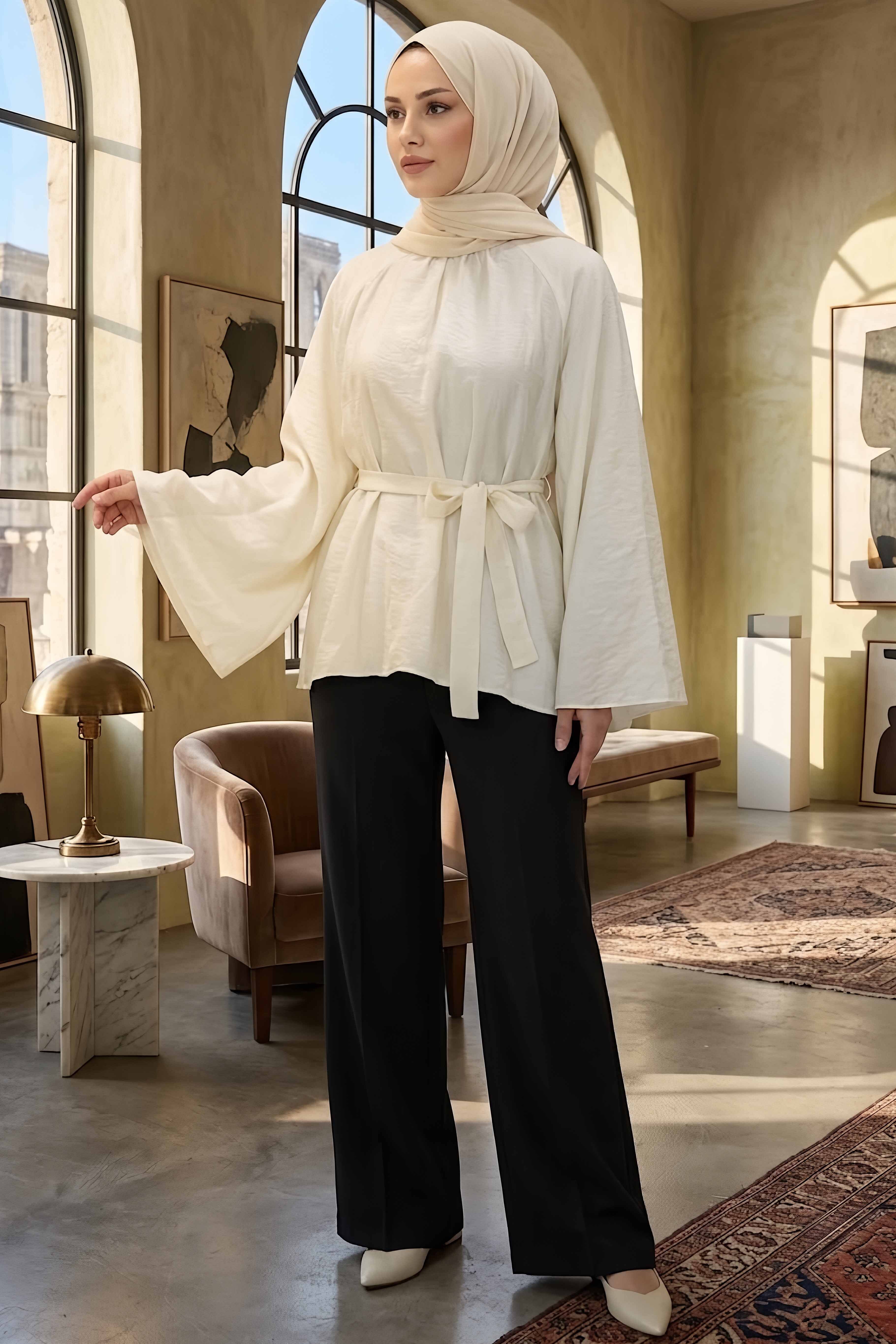 Kuşaklı C yaka Salaş Tunik Beyaz - 28773-BEYAZ - 2
