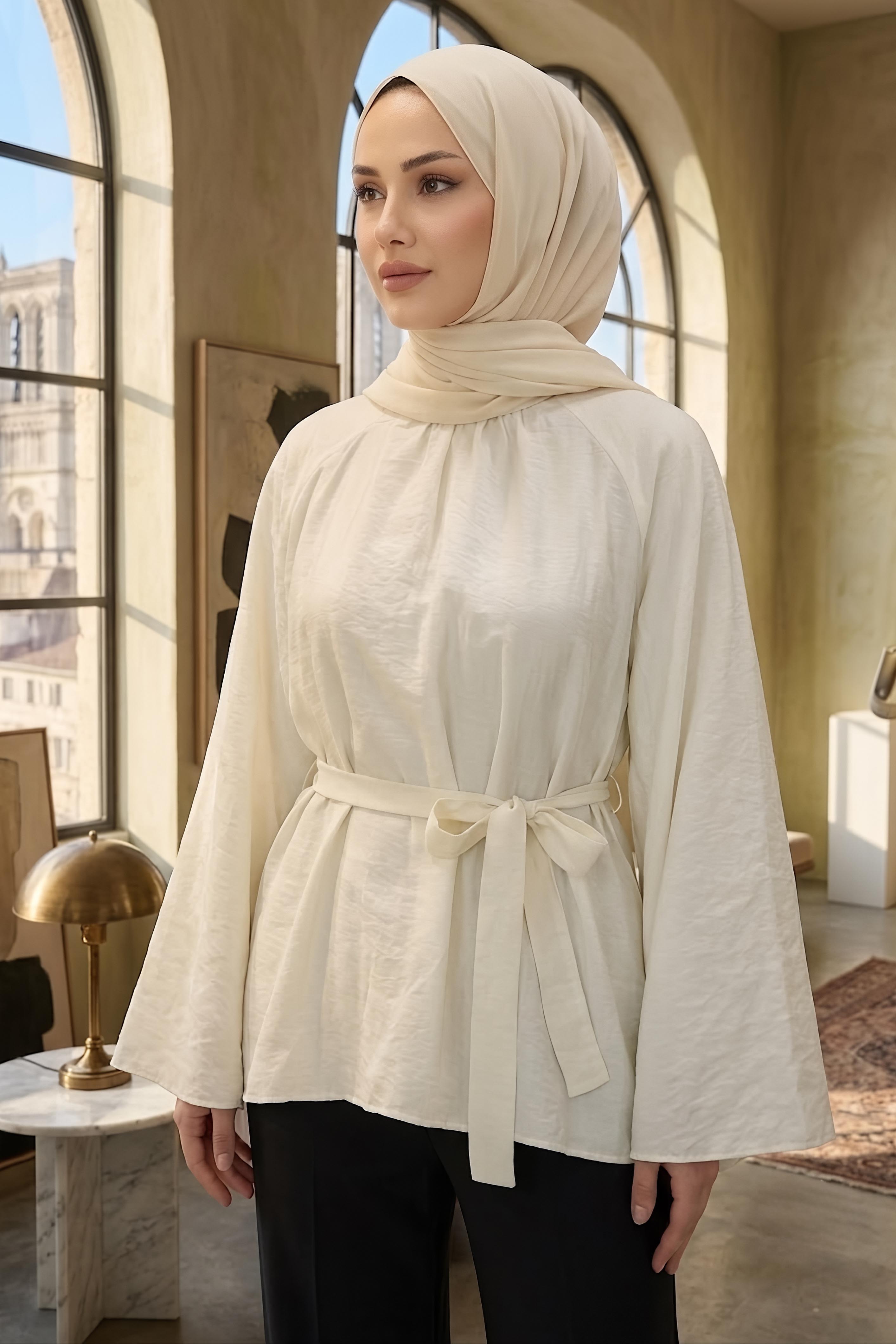 Kuşaklı C yaka Salaş Tunik Beyaz - 28773-BEYAZ - 1