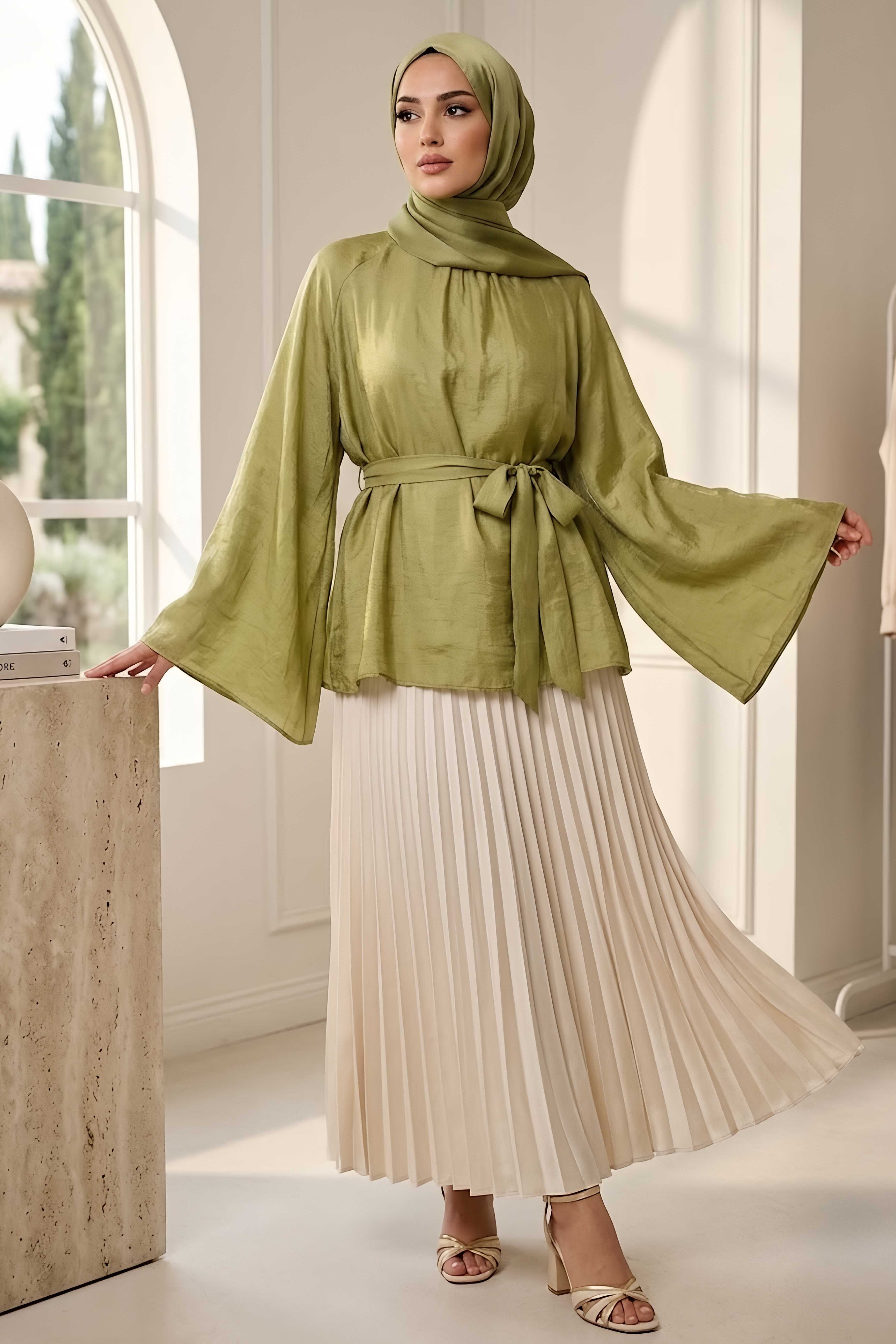 Kuşaklı C yaka Salaş Tunik Haki - 28773-HAKI - 2