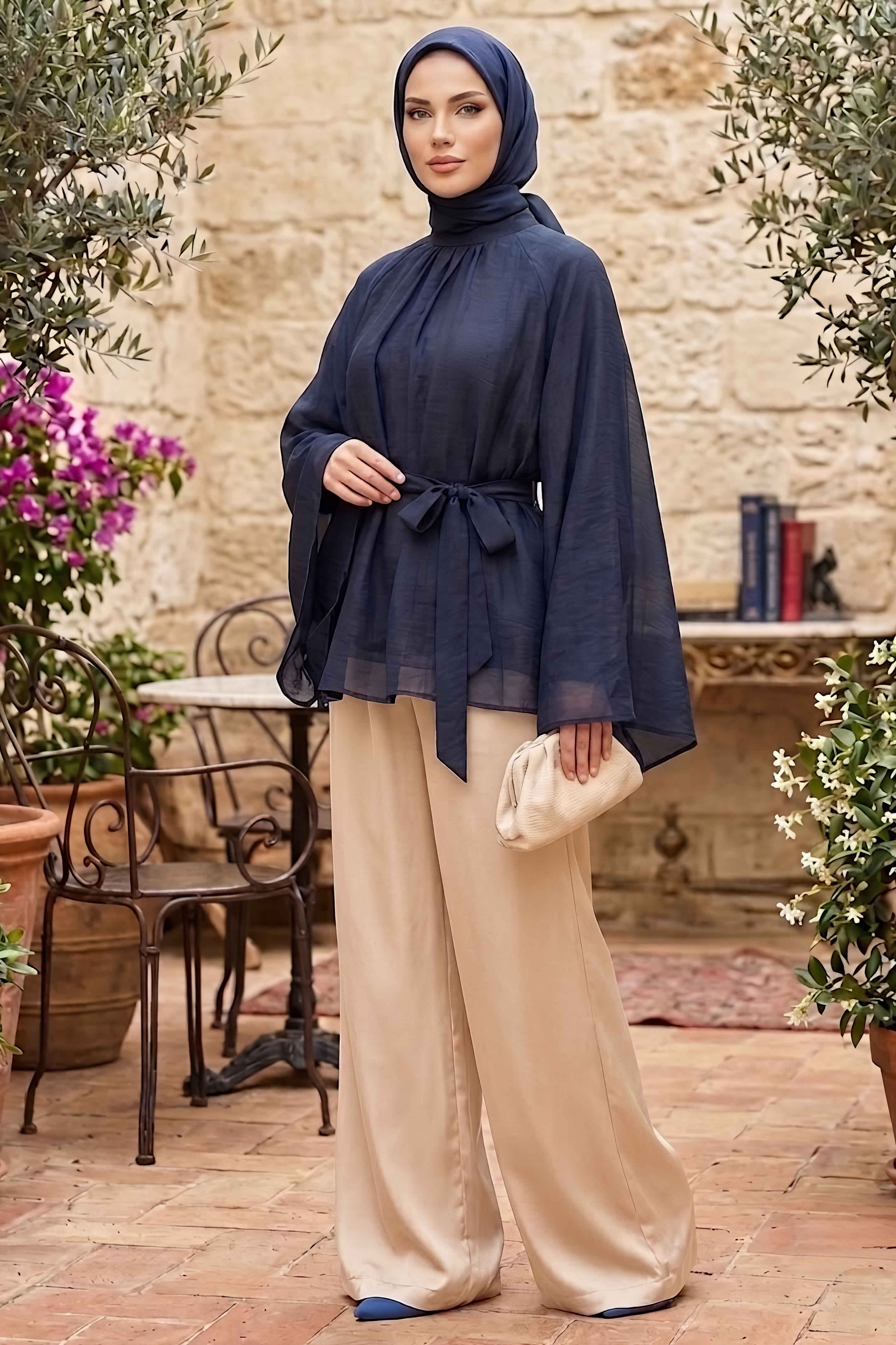 Kuşaklı C yaka Salaş Tunik Lacivert - 28773-LACIVERT - 1