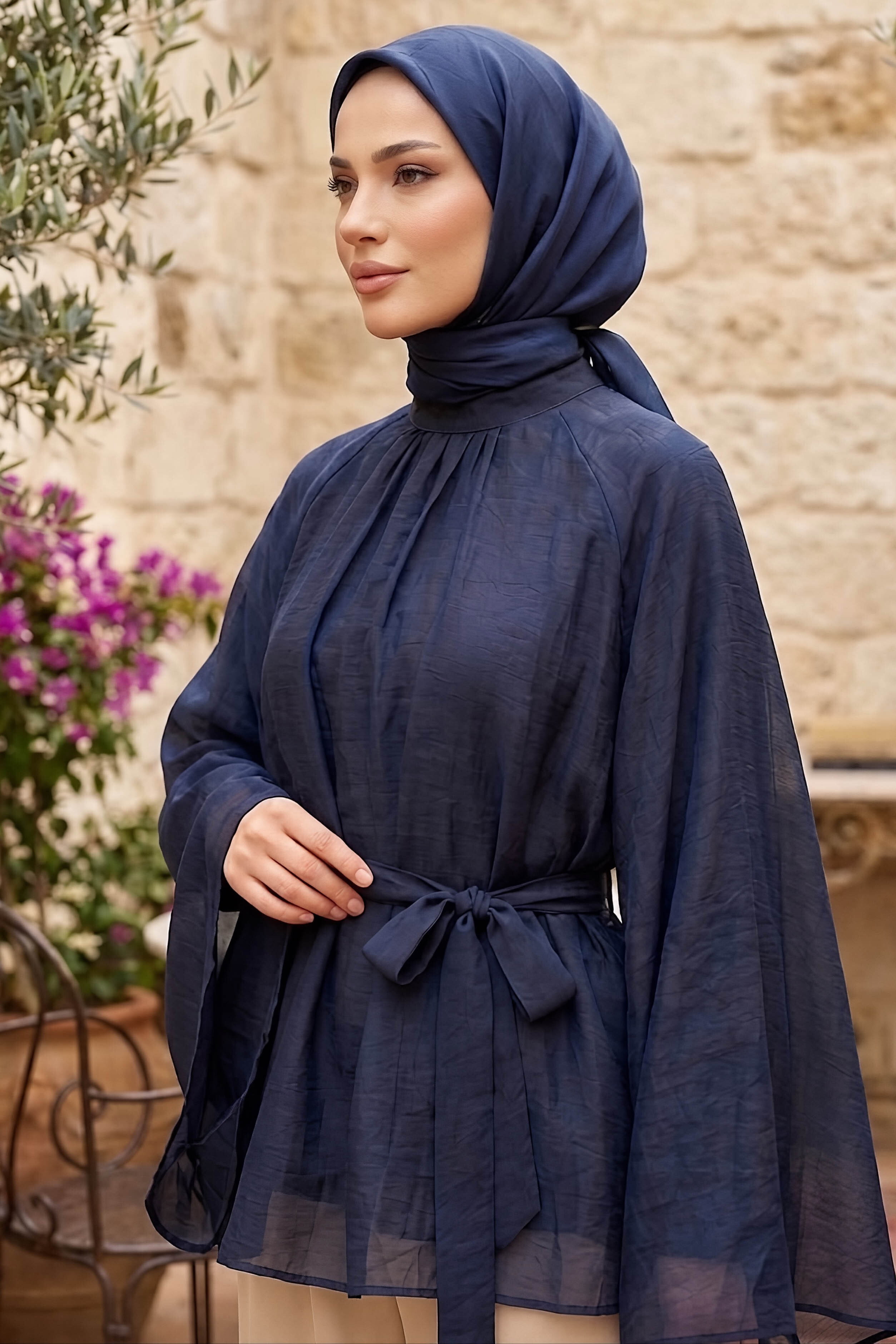 Kuşaklı C yaka Salaş Tunik Lacivert - 28773-LACIVERT - 2