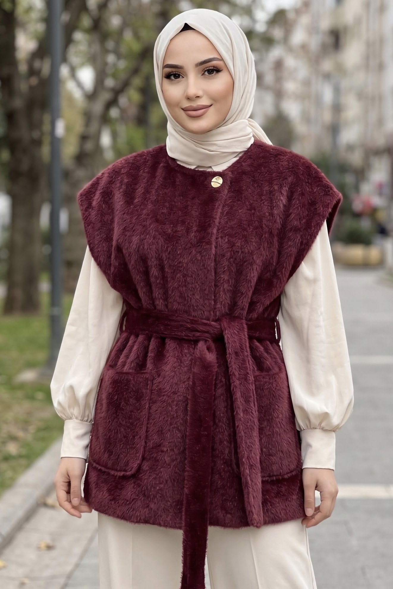Kuşaklı Cepli Astarlı Yelek Bordo - 29293-BORDO - 1