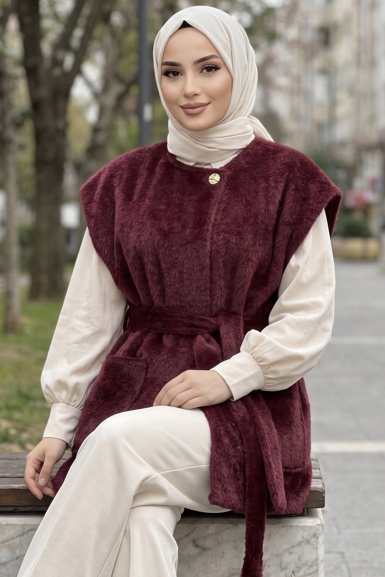 Kuşaklı Cepli Astarlı Yelek Bordo - 29293-BORDO - 2
