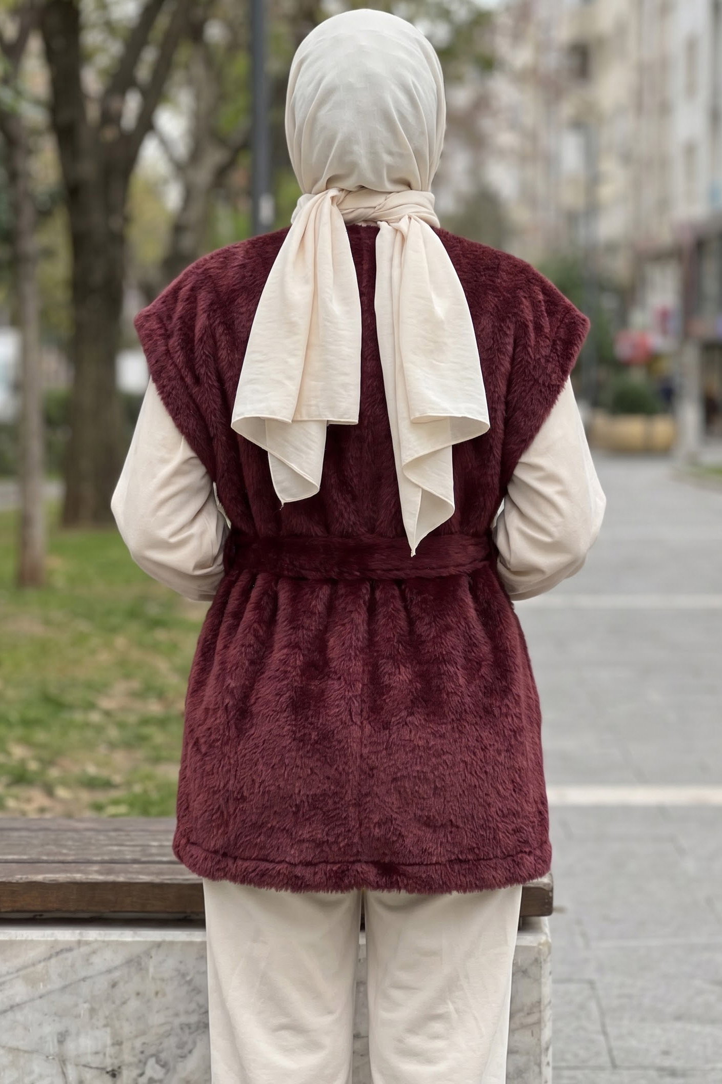 Kuşaklı Cepli Astarlı Yelek Bordo - 29293-BORDO - 3