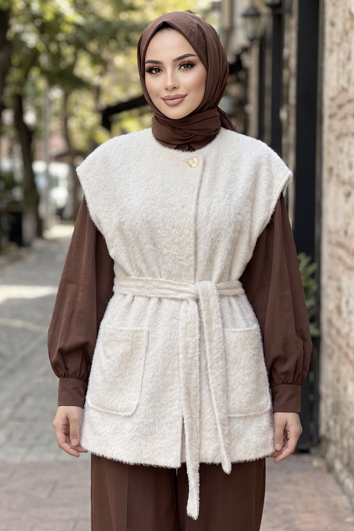 Kuşaklı Cepli Astarlı Yelek Ekru - 29293-EKRU - 1