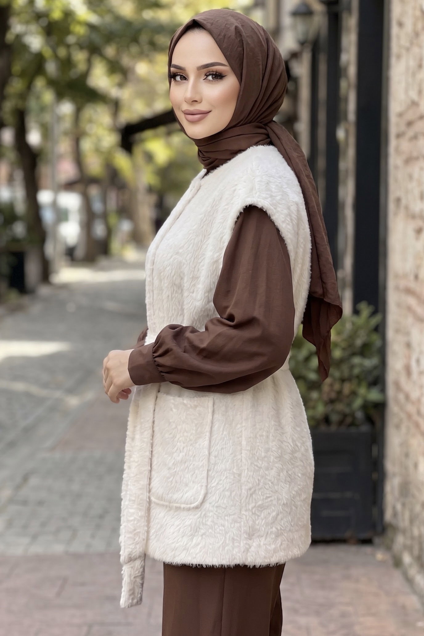 Kuşaklı Cepli Astarlı Yelek Ekru - 29293-EKRU - 2