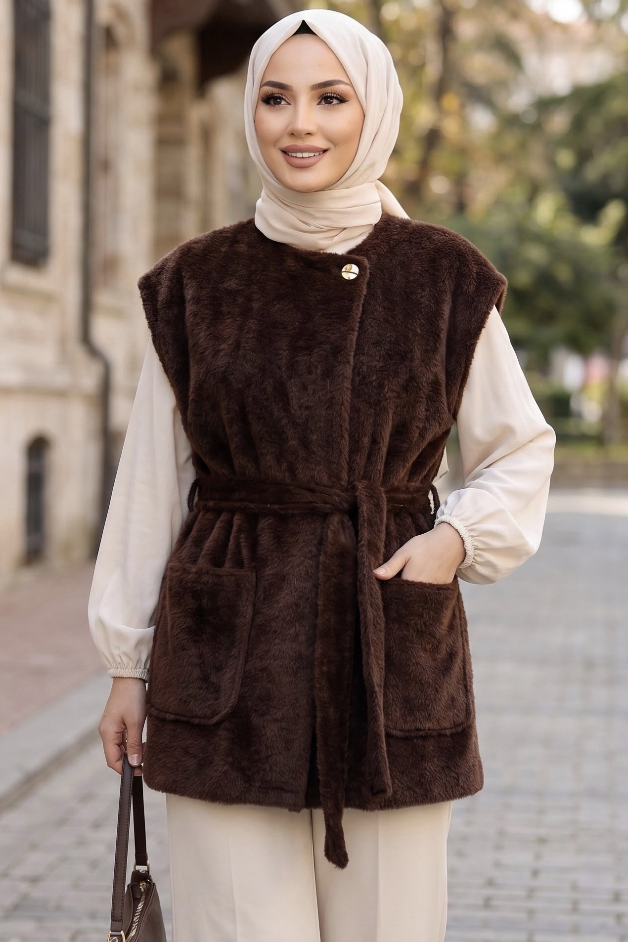 Kuşaklı Cepli Astarlı Yelek Kahve - 29293-KAHVE - 2