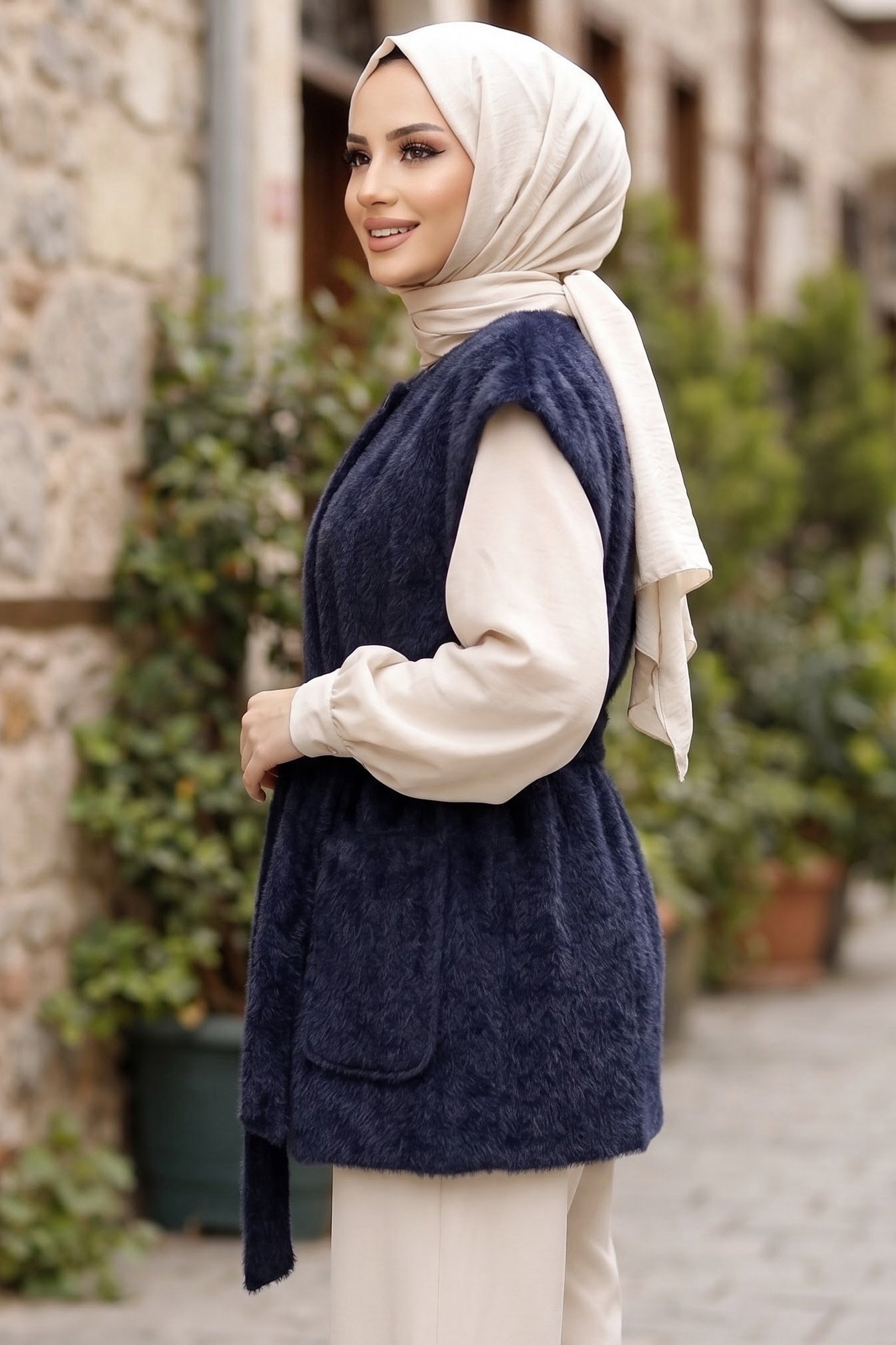 Kuşaklı Cepli Astarlı Yelek Lacivert - 29293-LACIVERT - 2