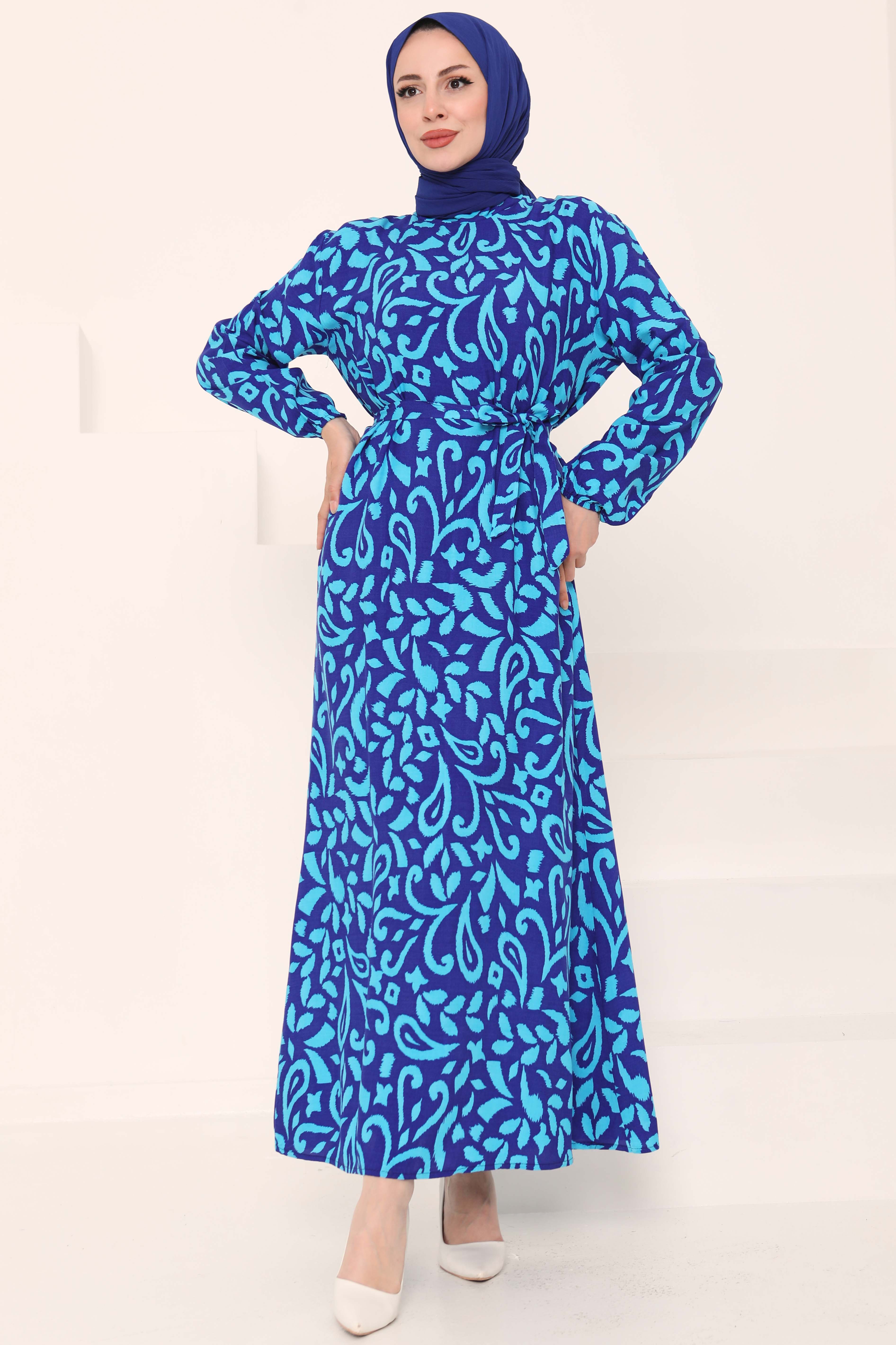 Kuşaklı Desenli Elbise - 27042 - 1