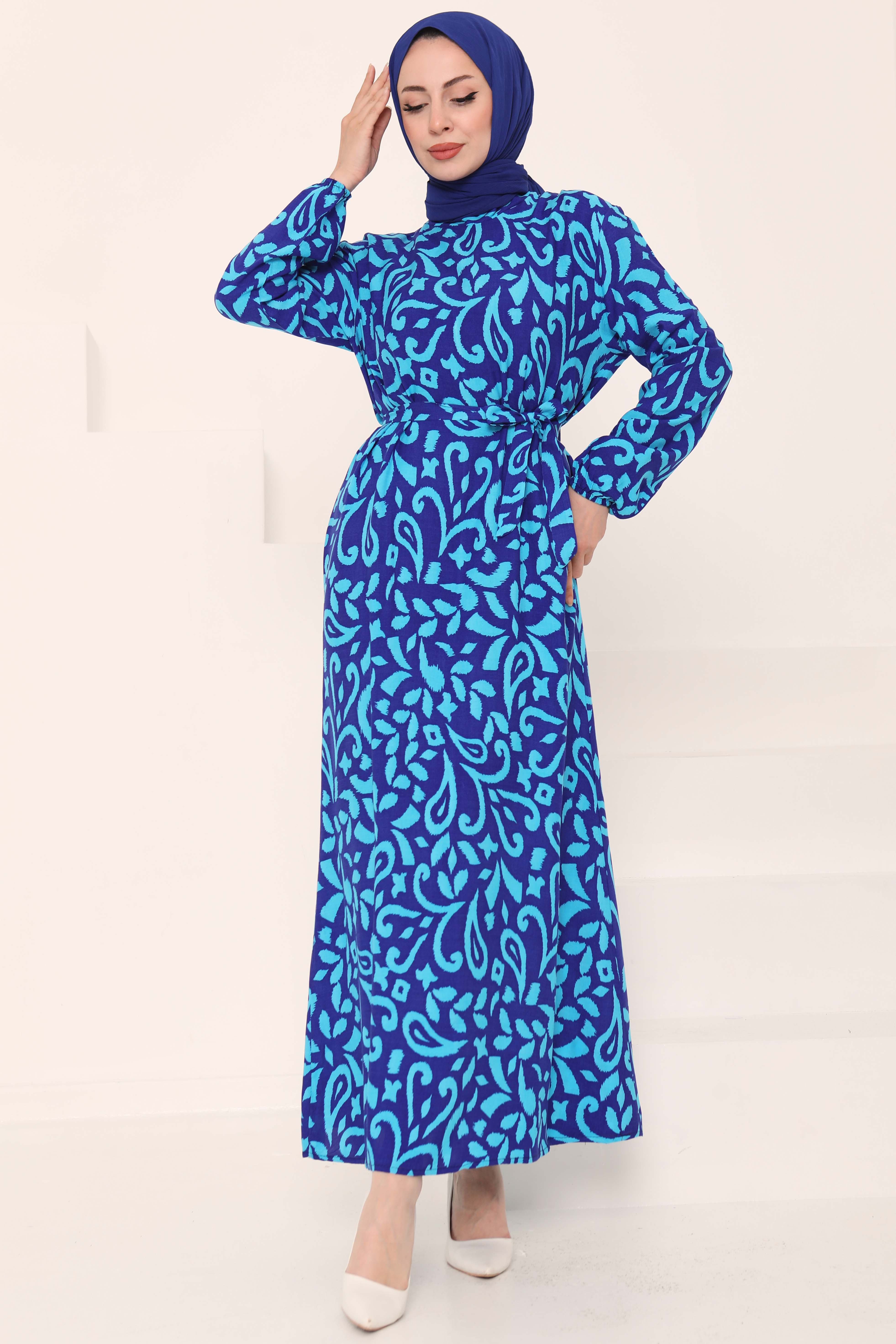 Kuşaklı Desenli Elbise - 27042 - 3