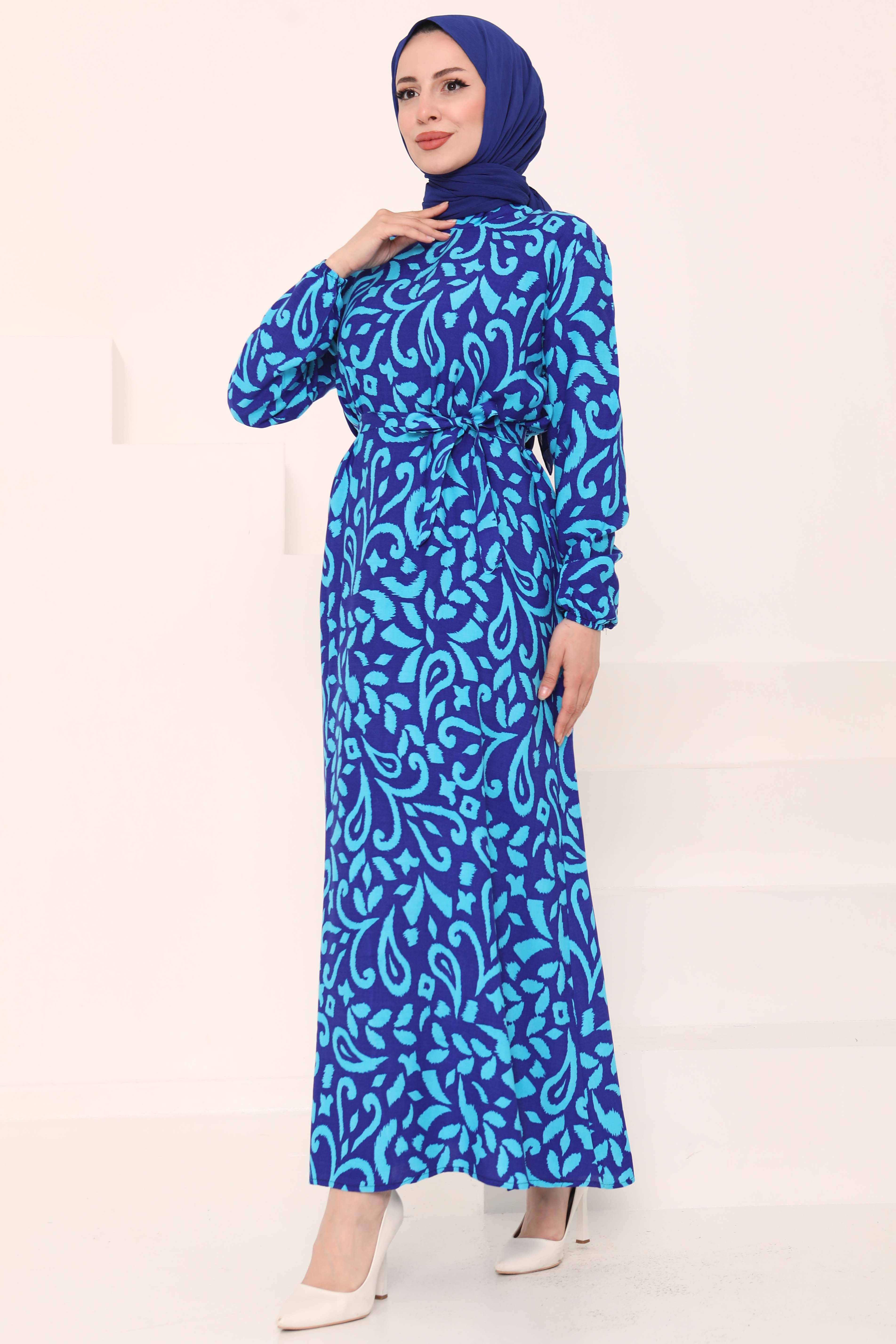 Kuşaklı Desenli Elbise - 27042 - 4
