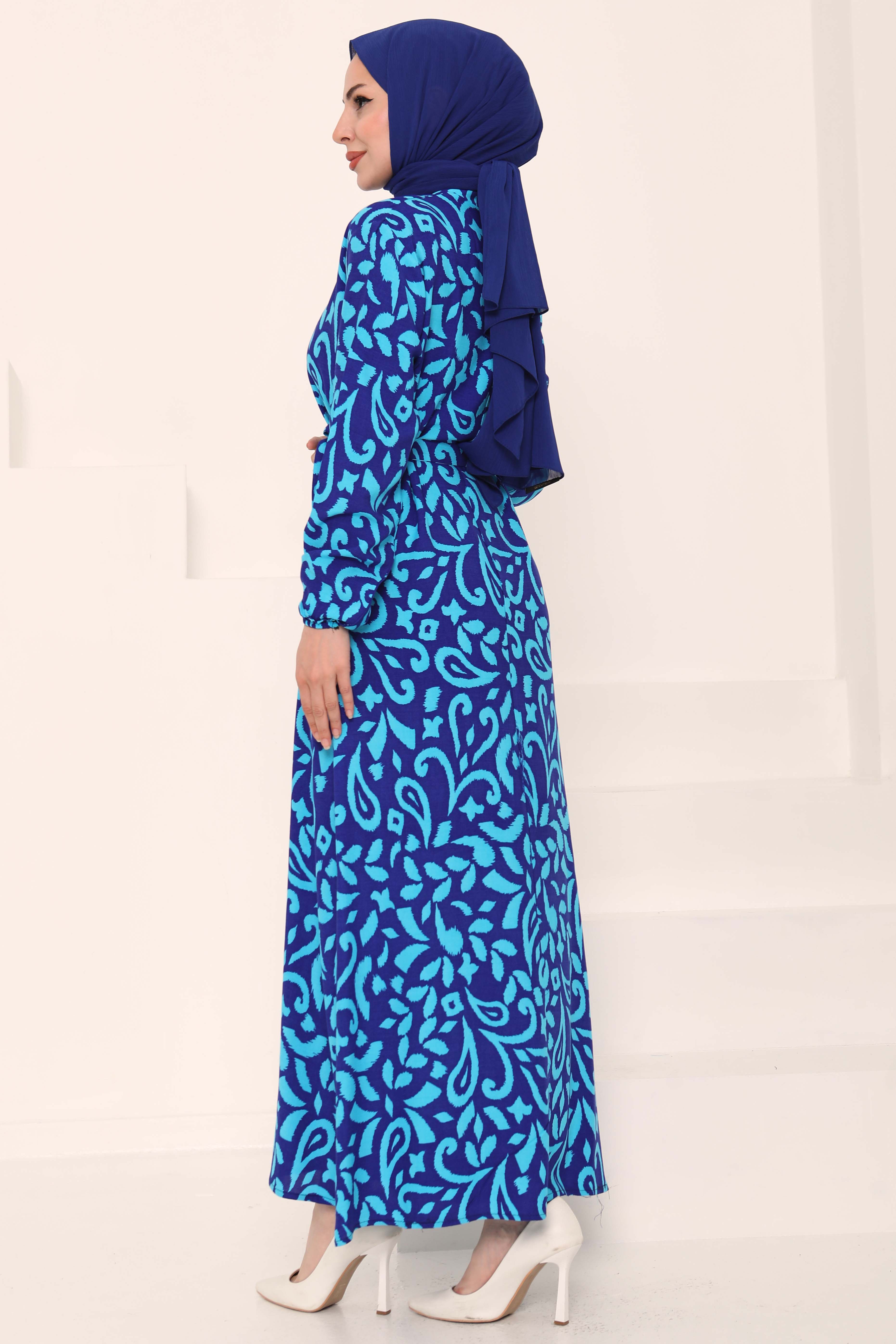Kuşaklı Desenli Elbise - 27042 - 5