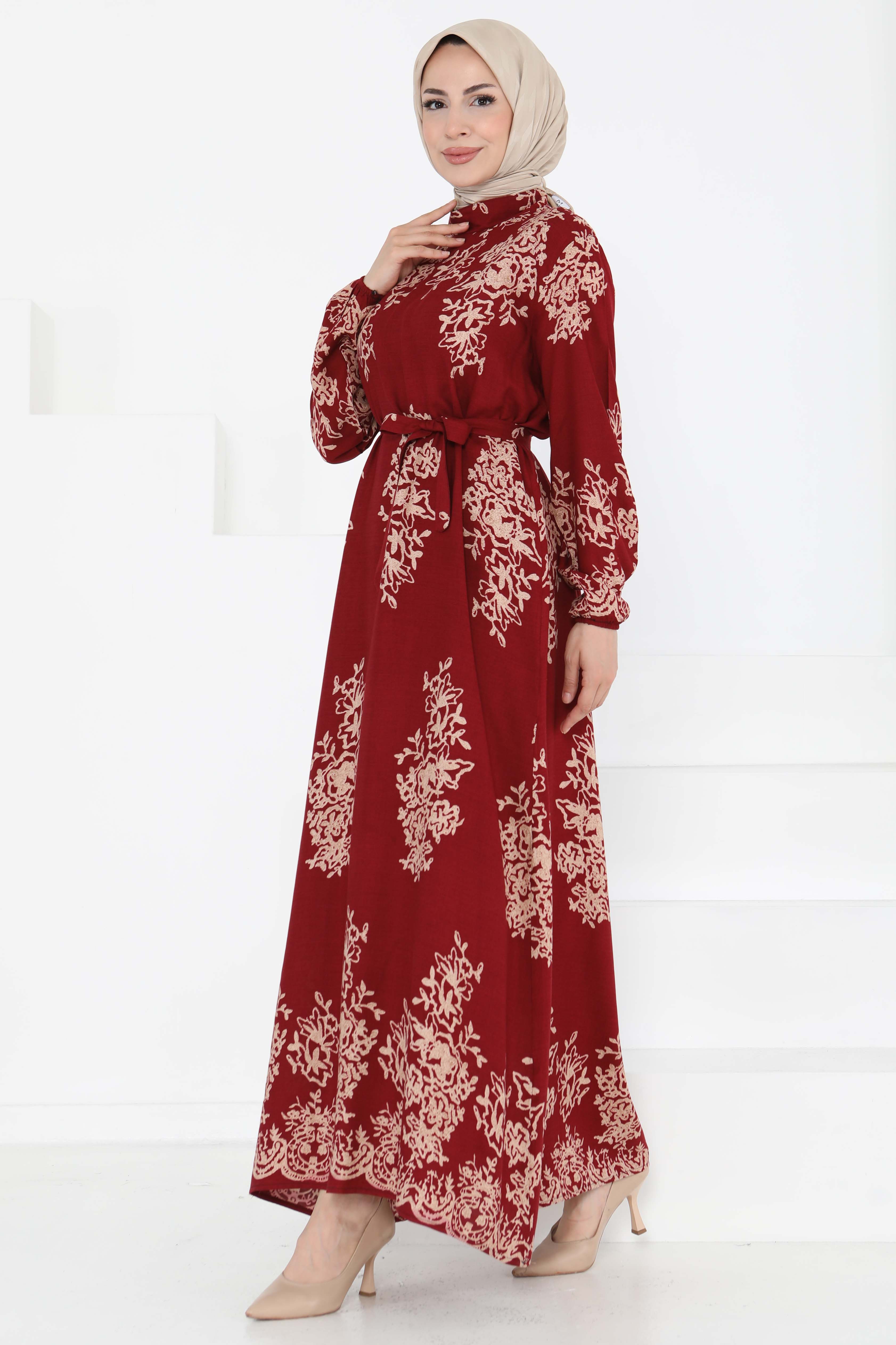 Kuşaklı Desenli Elbise - 27191 - 1