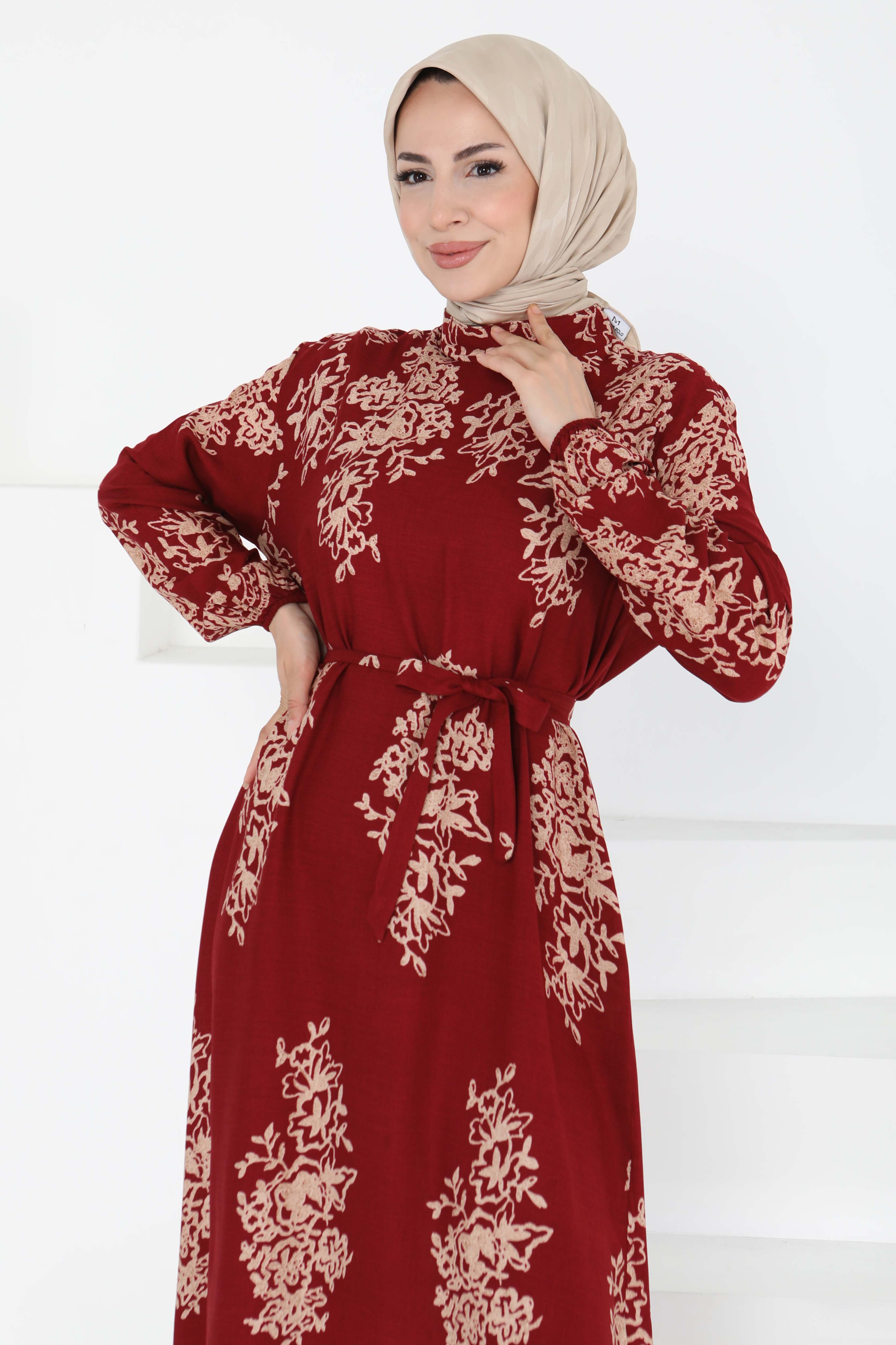 Kuşaklı Desenli Elbise - 27191 - 3