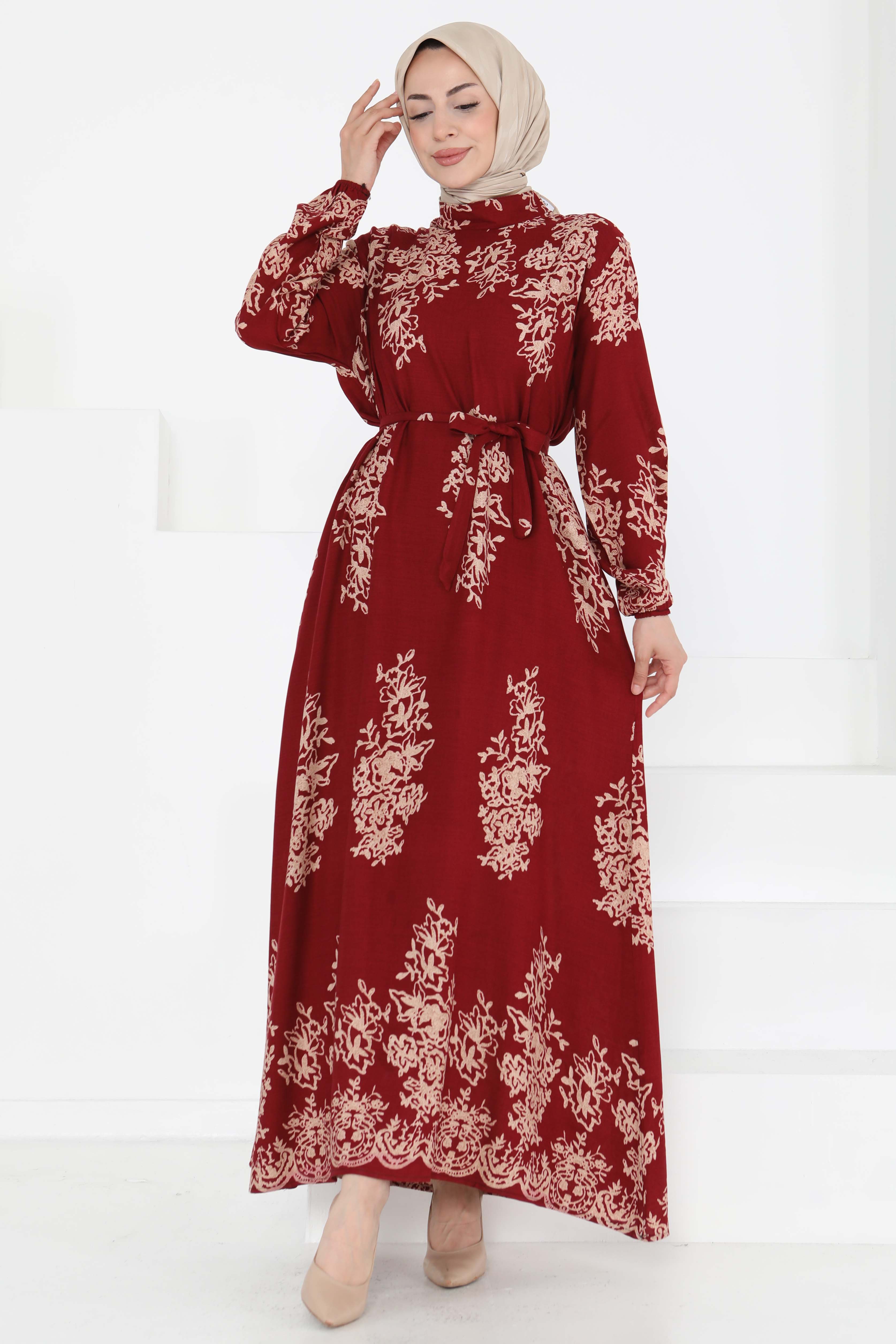 Kuşaklı Desenli Elbise - 27191 - 4