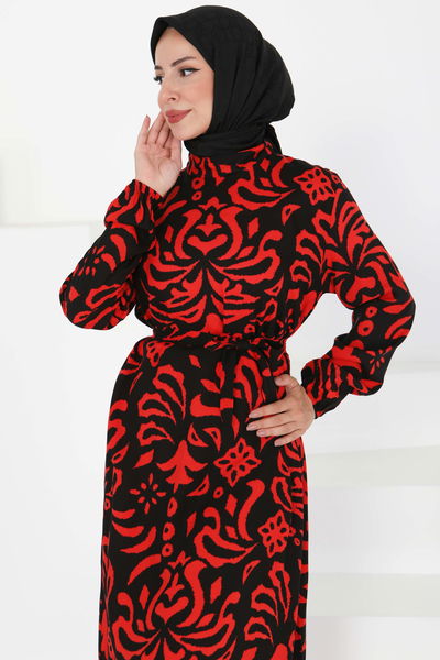 Kuşaklı Desenli Elbise - 27394 