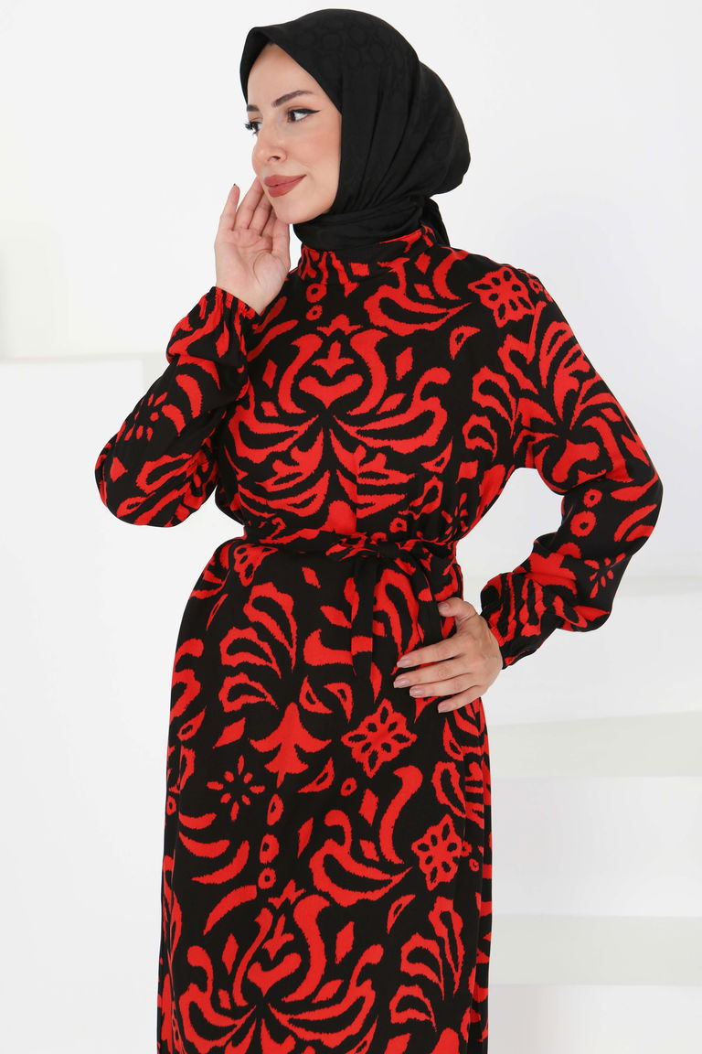 Kuşaklı Desenli Elbise - 27394 - TOFİSA