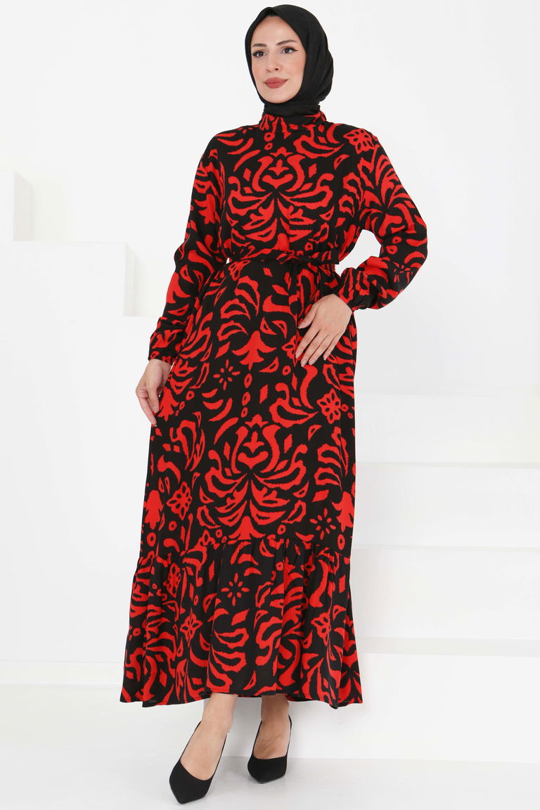 Kuşaklı Desenli Elbise - 27394 - TOFİSA