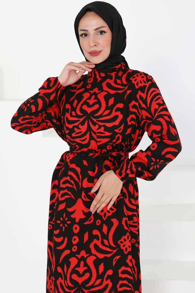 Kuşaklı Desenli Elbise - 27394 - TOFİSA