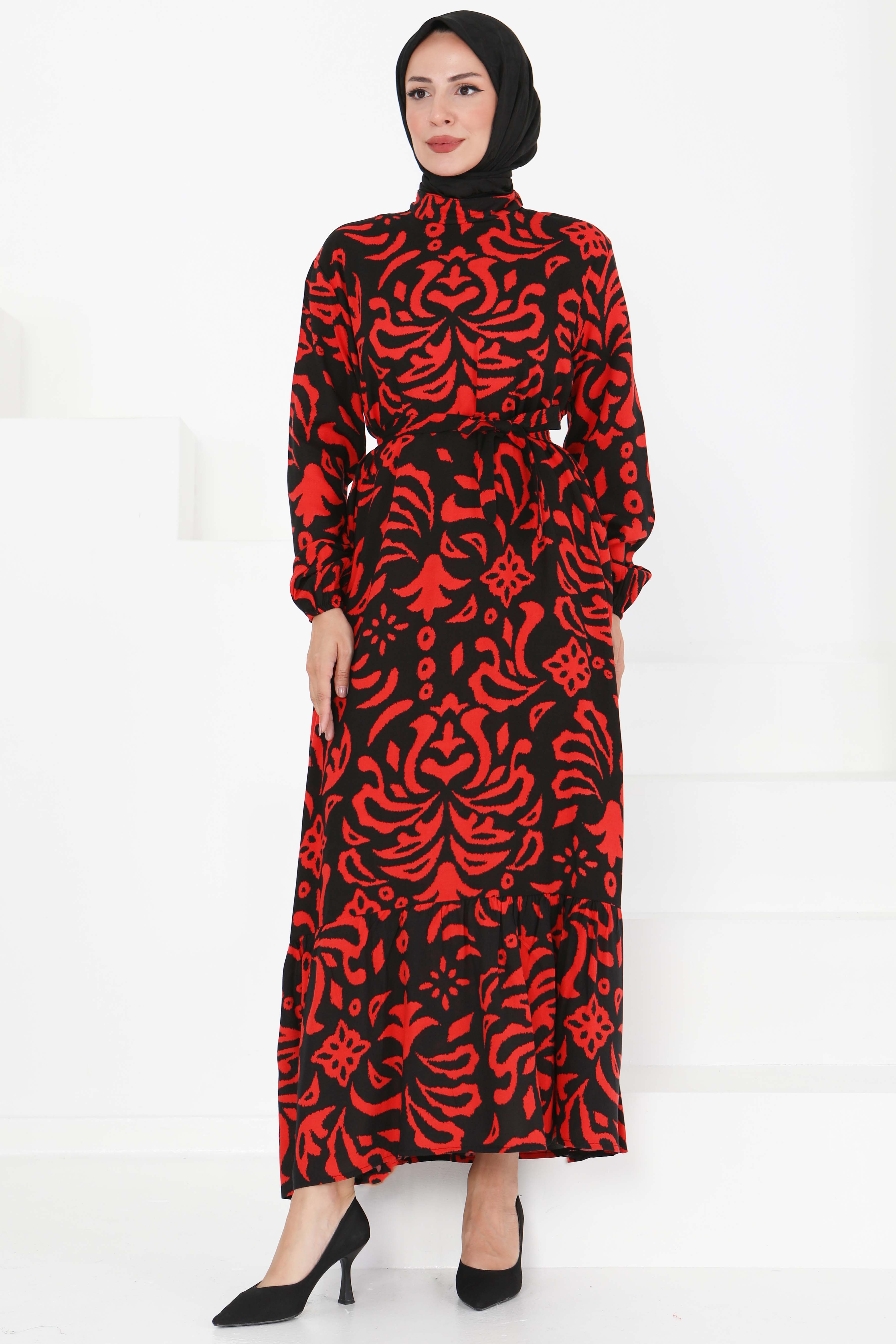 Kuşaklı Desenli Elbise - 27394 - 4