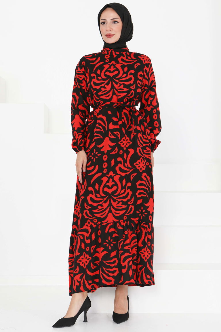 Kuşaklı Desenli Elbise - 27394 - TOFİSA